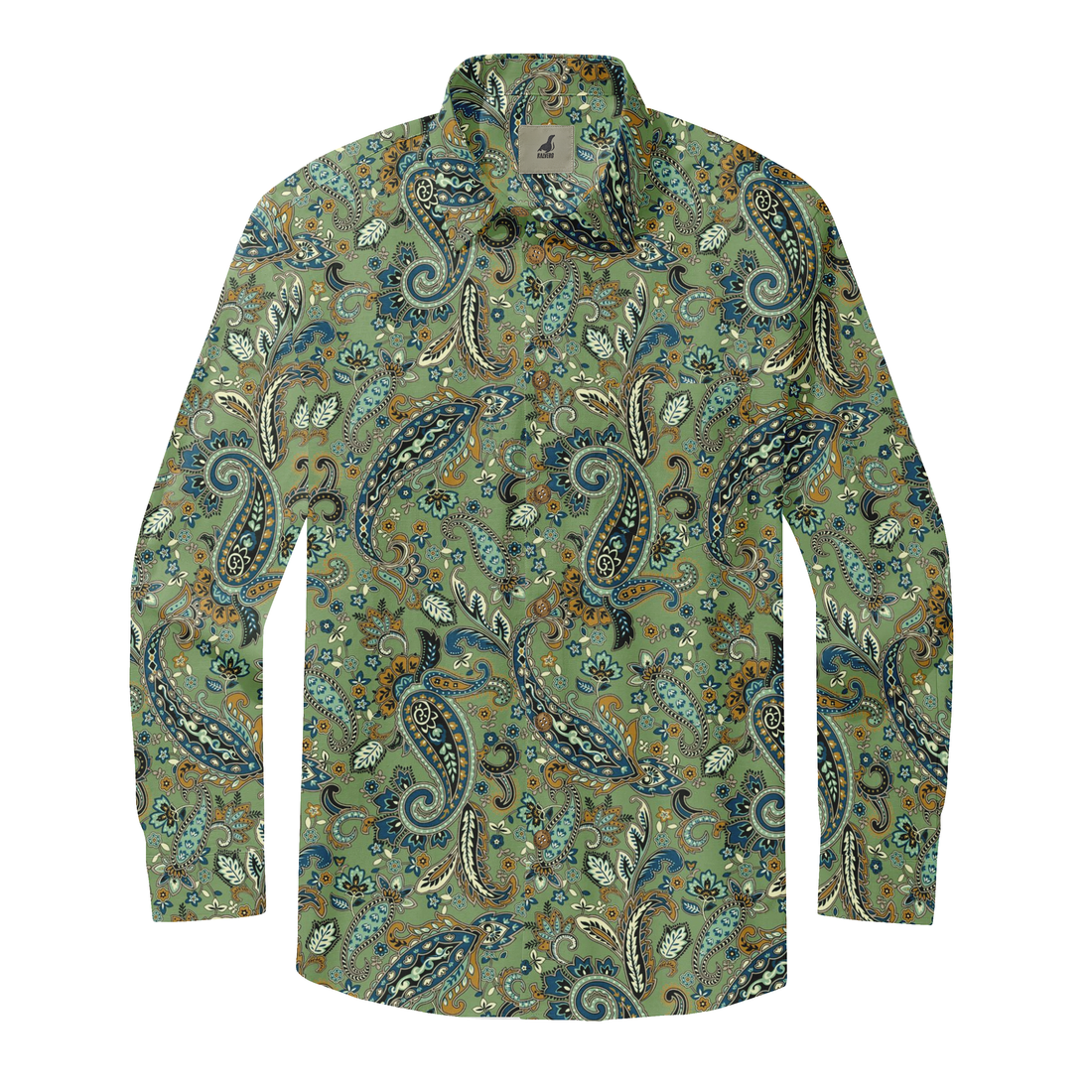 Green long-sleeve shirt with intricate paisley and floral pattern.