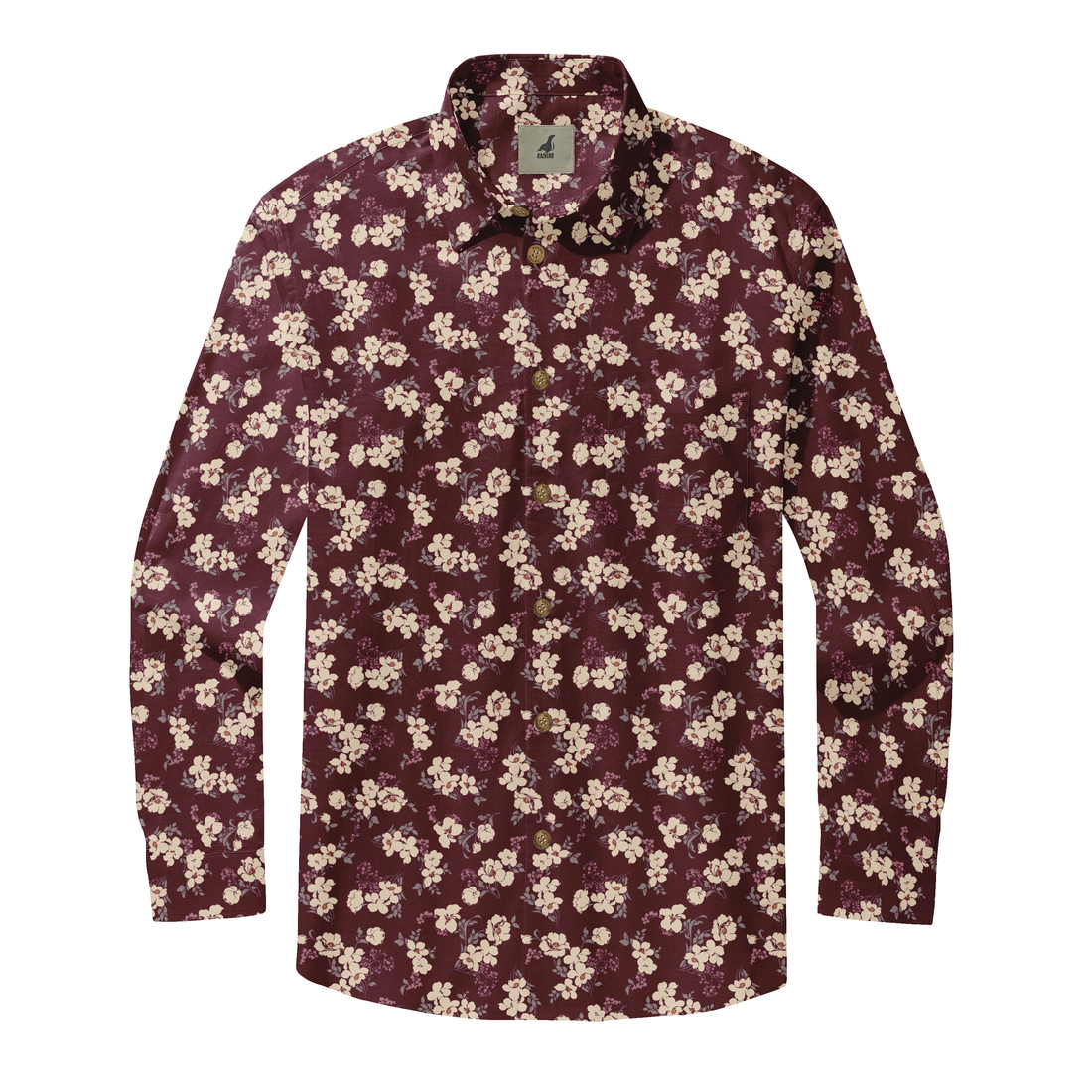 Maroon long-sleeve shirt with cream floral pattern and button-up.