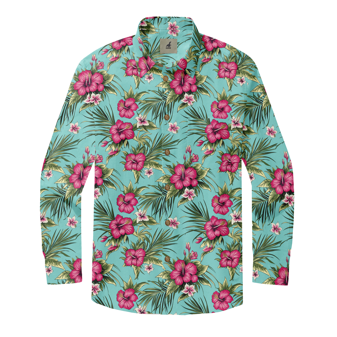 Tropical floral shirt with pink hibiscus and green leaves on a teal.