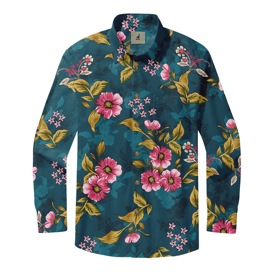 Teal long-sleeve shirt with pink floral and green leaf pattern.