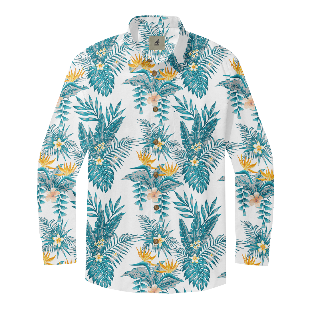White long-sleeve shirt with tropical leaf and flower pattern.