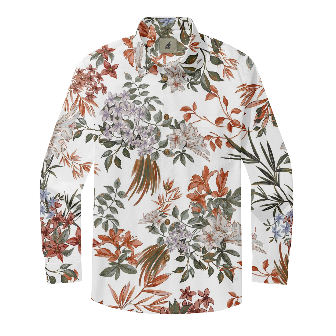 White shirt with orange, purple, and green floral pattern.
