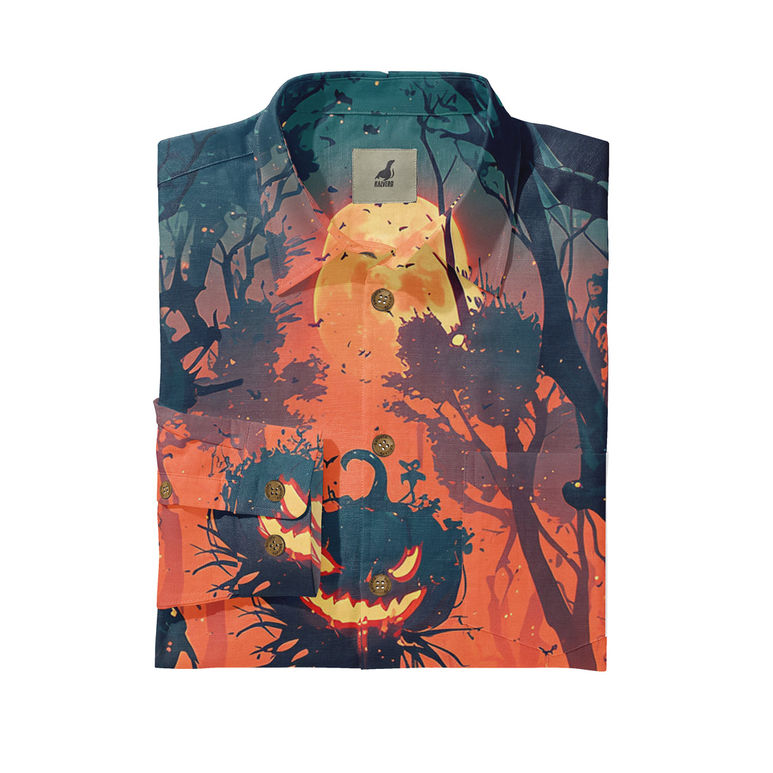 Halloween-themed shirt with pumpkin and forest design, orange.