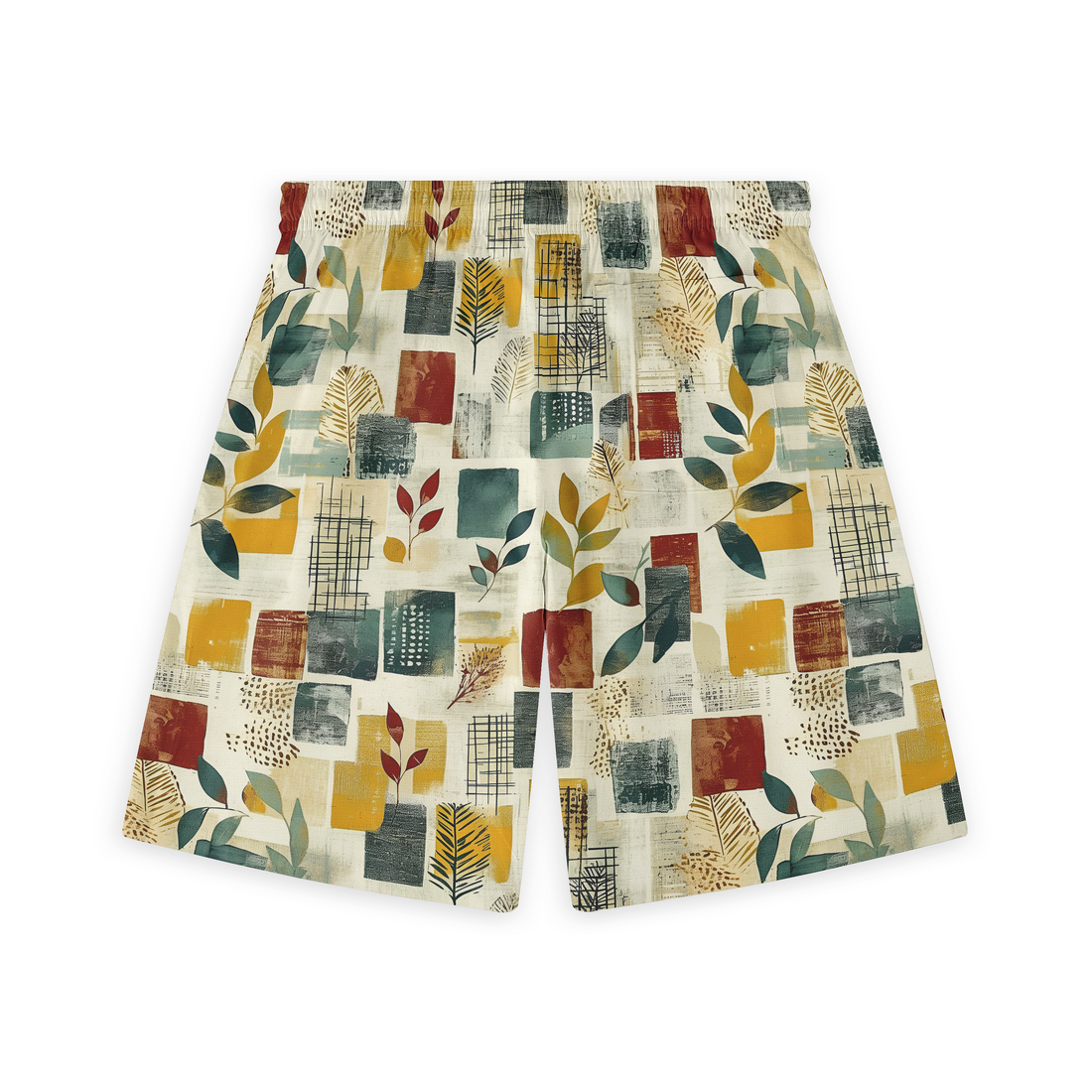 A pair of shorts featuring an abstract design with various shapes and botanical elements in earthy tones, set against a light background.