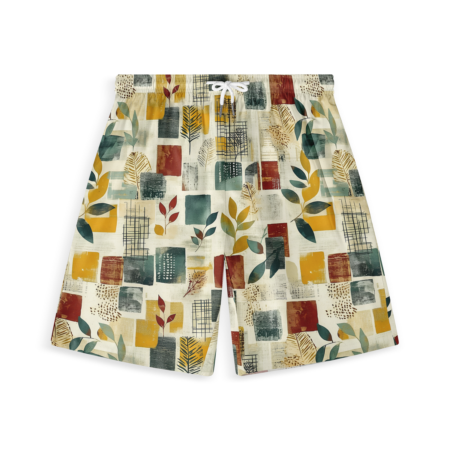 A pair of shorts featuring an abstract design with various shapes and botanical elements in earthy tones, set against a light background.