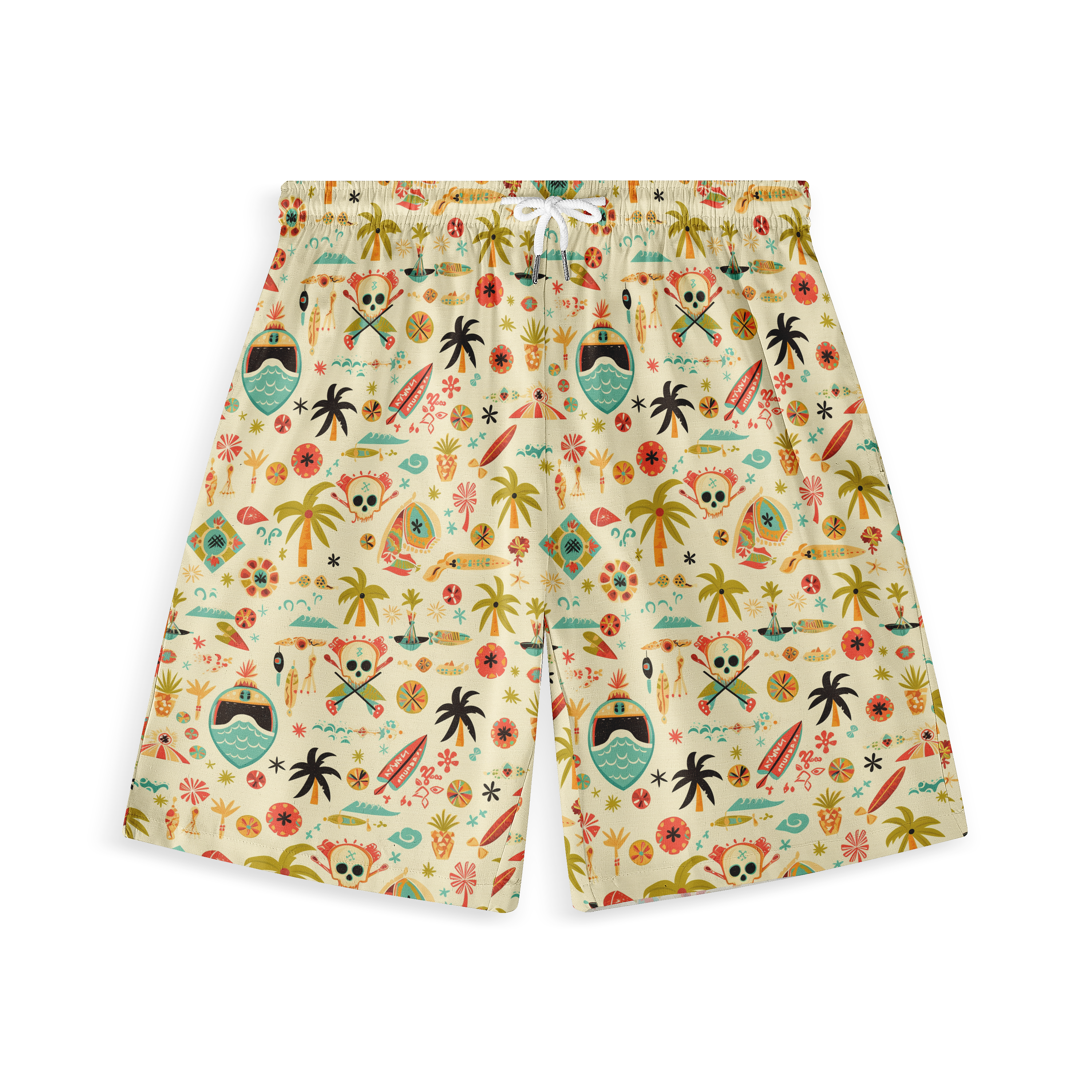 A pair of shorts featuring a playful design with tropical-themed icons, including palm trees, surfboards, and beach elements, set against a light-colored background.