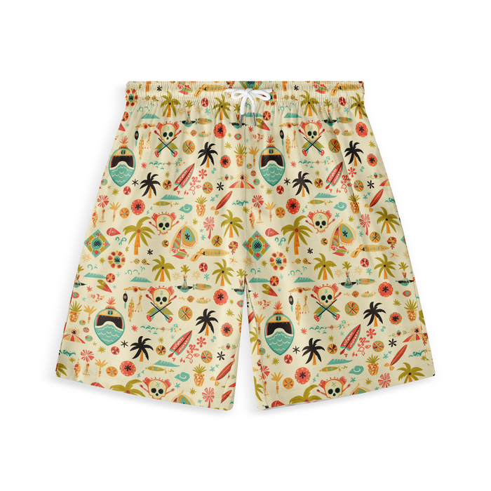 Colorful tropical shorts with palm trees, skulls, surfboards.