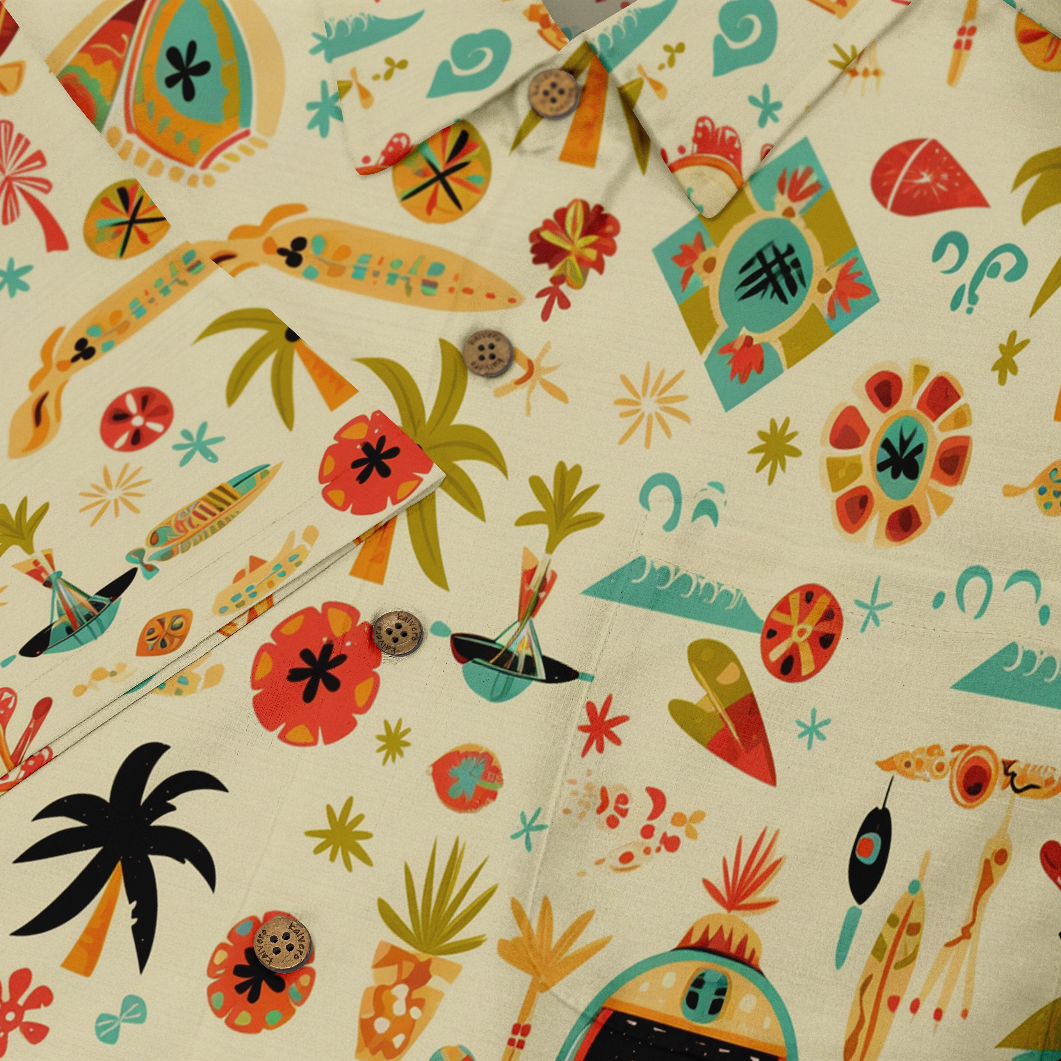 Close-up of a Hawaiian shirt featuring a playful design with various tropical-themed icons, including palm trees, surfboards, and beach elements in vibrant colors on a light background, showing button details and part of the collar.