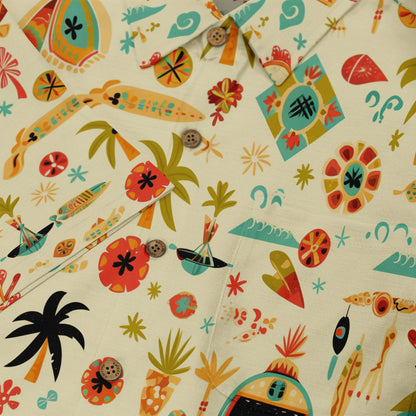 Close-up of a Hawaiian shirt featuring a playful design with various tropical-themed icons, including palm trees, surfboards, and beach elements in vibrant colors on a light background, showing button details and part of the collar.