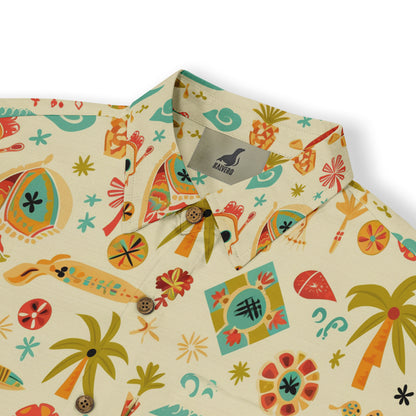 Hawaiian shirt featuring a playful design with various tropical-themed icons, including palm trees, surfboards, and beach elements in vibrant colors on a light background.