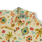 Colorful tropical print shirt with palm trees and flowers.