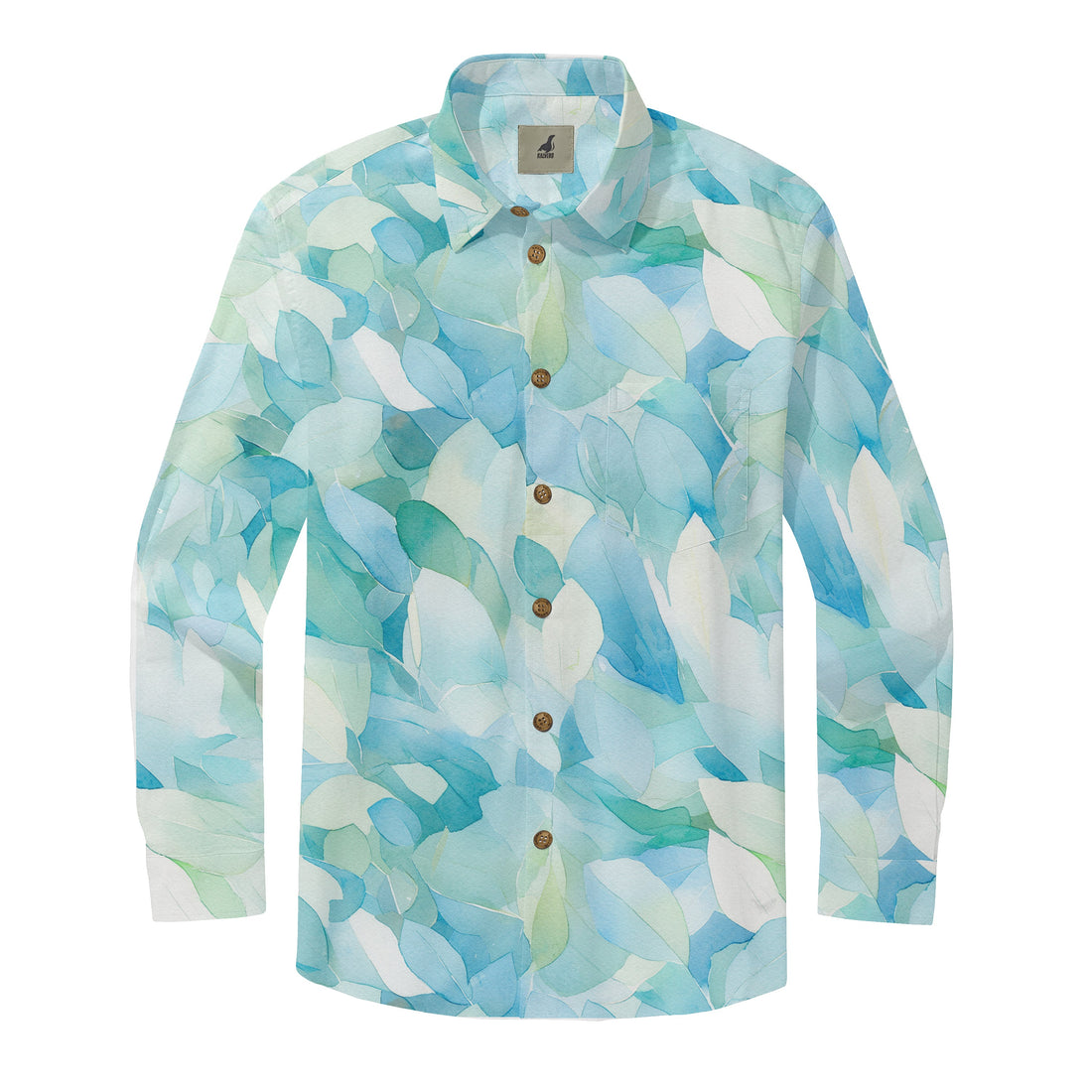 Long-sleeve shirt with abstract leaf pattern in blue, green.