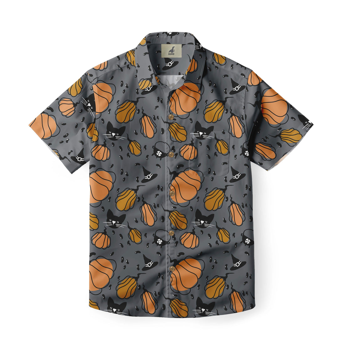 Gray short-sleeve shirt with orange pumpkins, black cats, and witch.