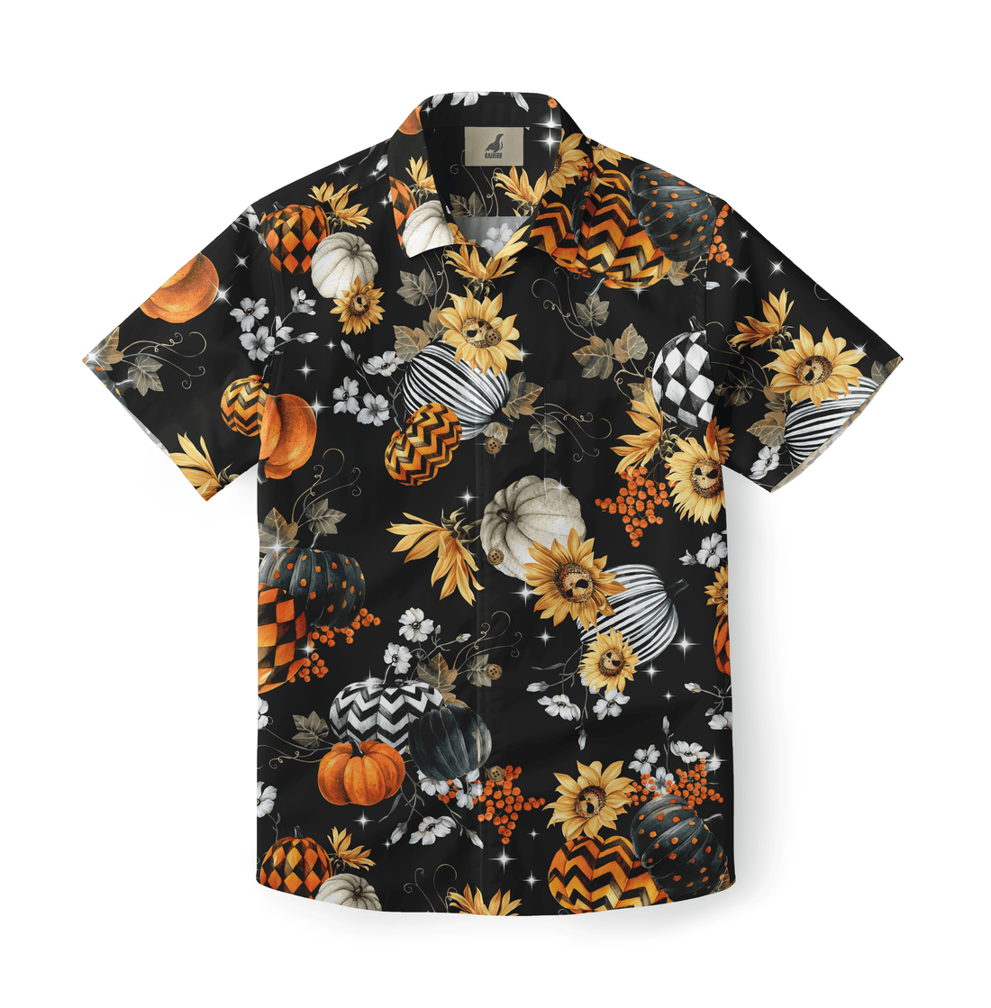 Black Hawaiian shirt with autumn-themed print featuring pumpkins.