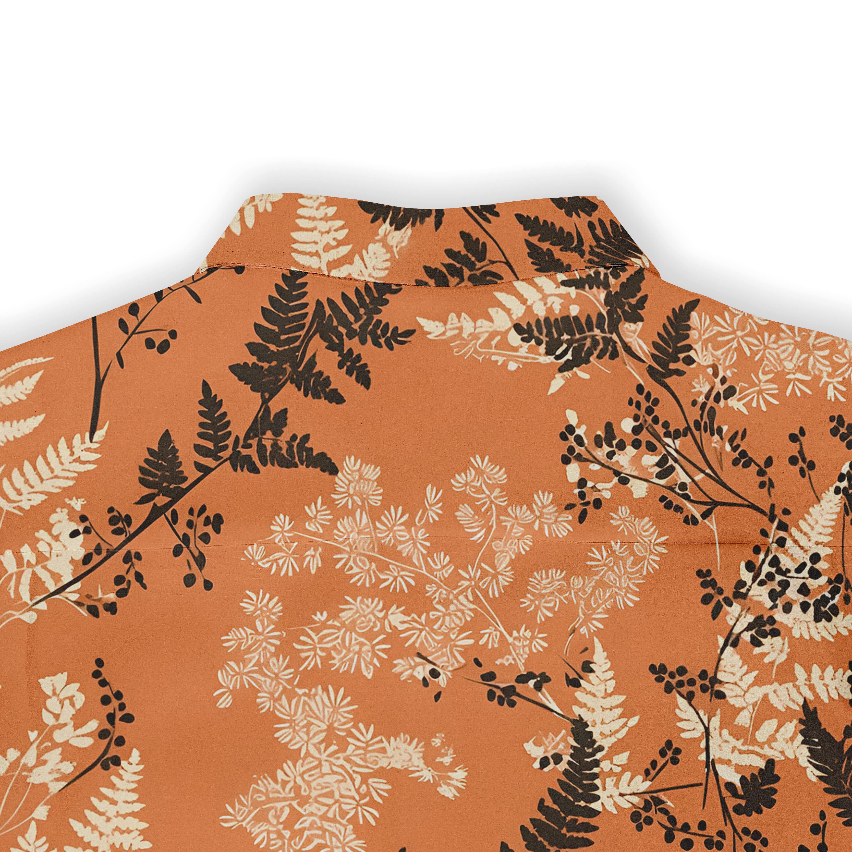 Warm-toned shirt with a pattern inspired by autumn leaves and ferns.