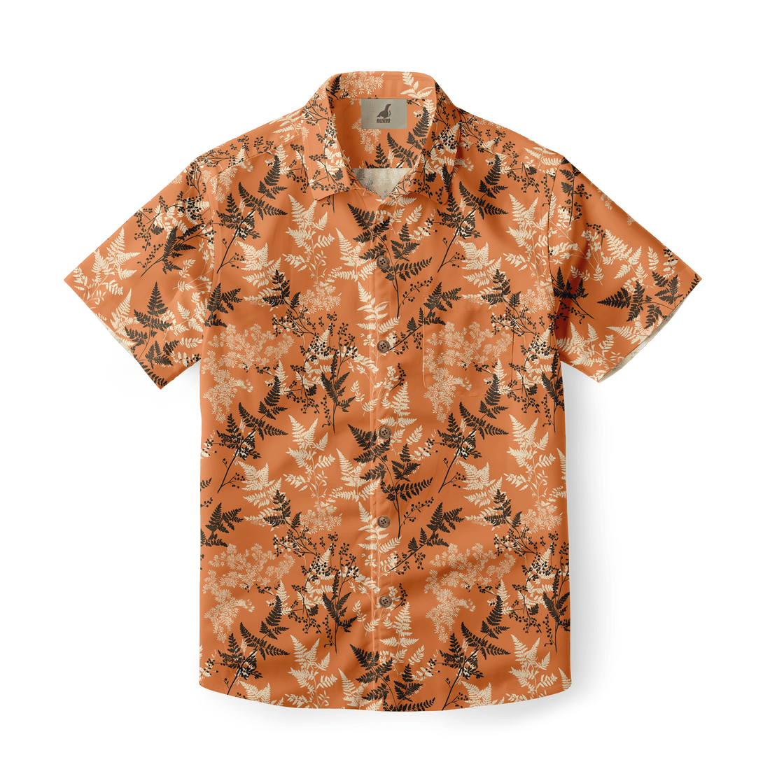 Orange short-sleeve shirt with black and white fern patterns.