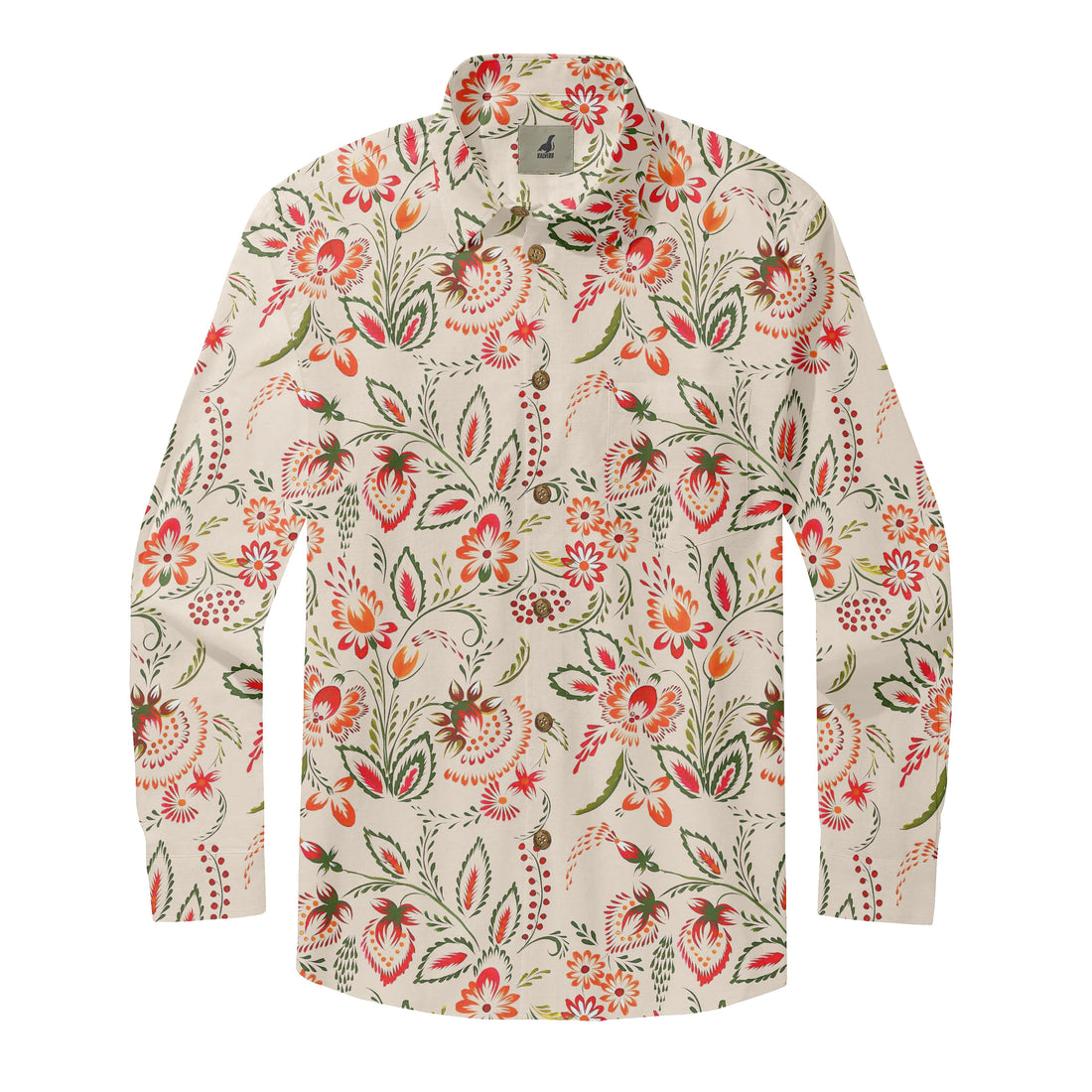 Beige Tropical Floral Long Sleeve Hawaiian Shirt