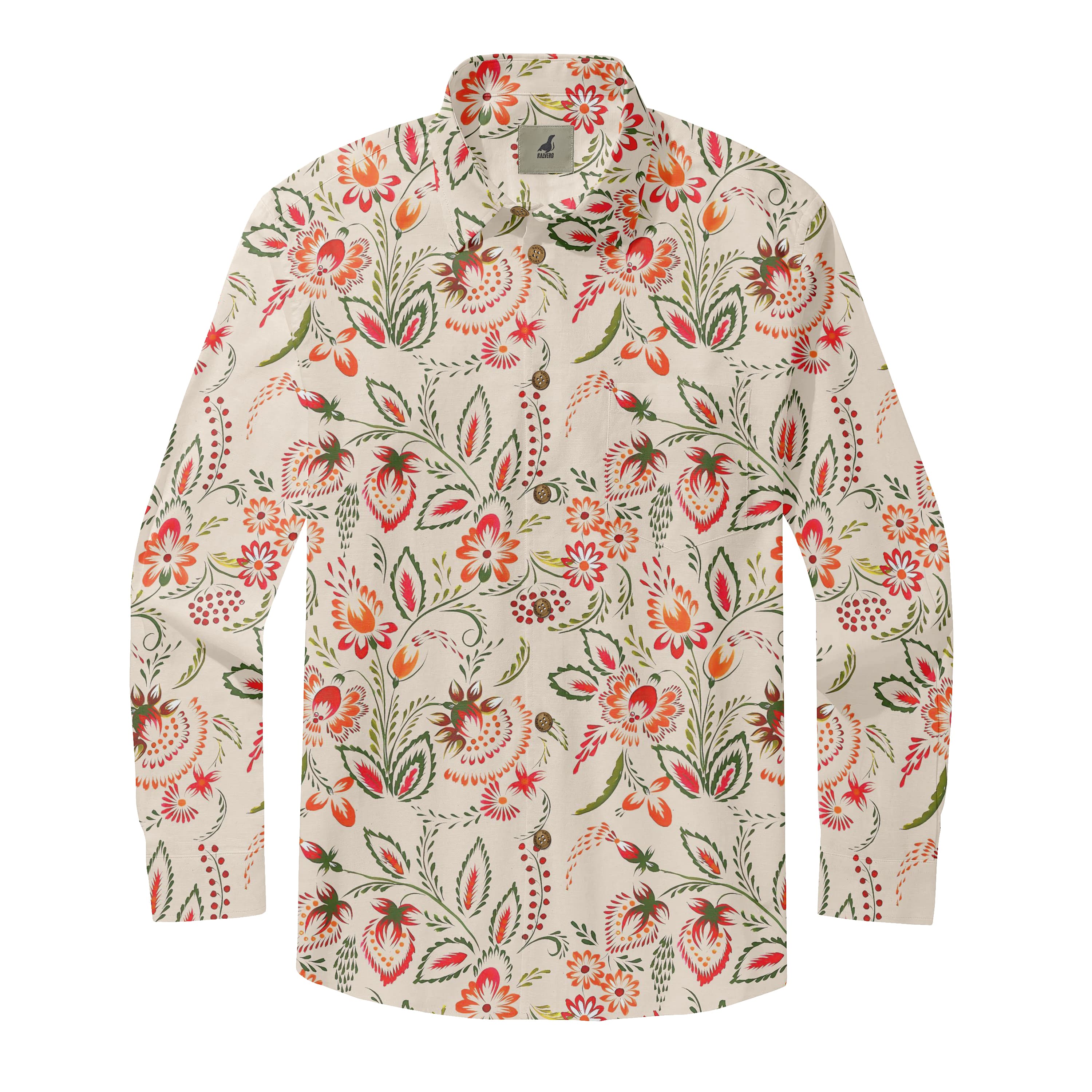 Beige Tropical Floral Long Sleeve Hawaiian Shirt
