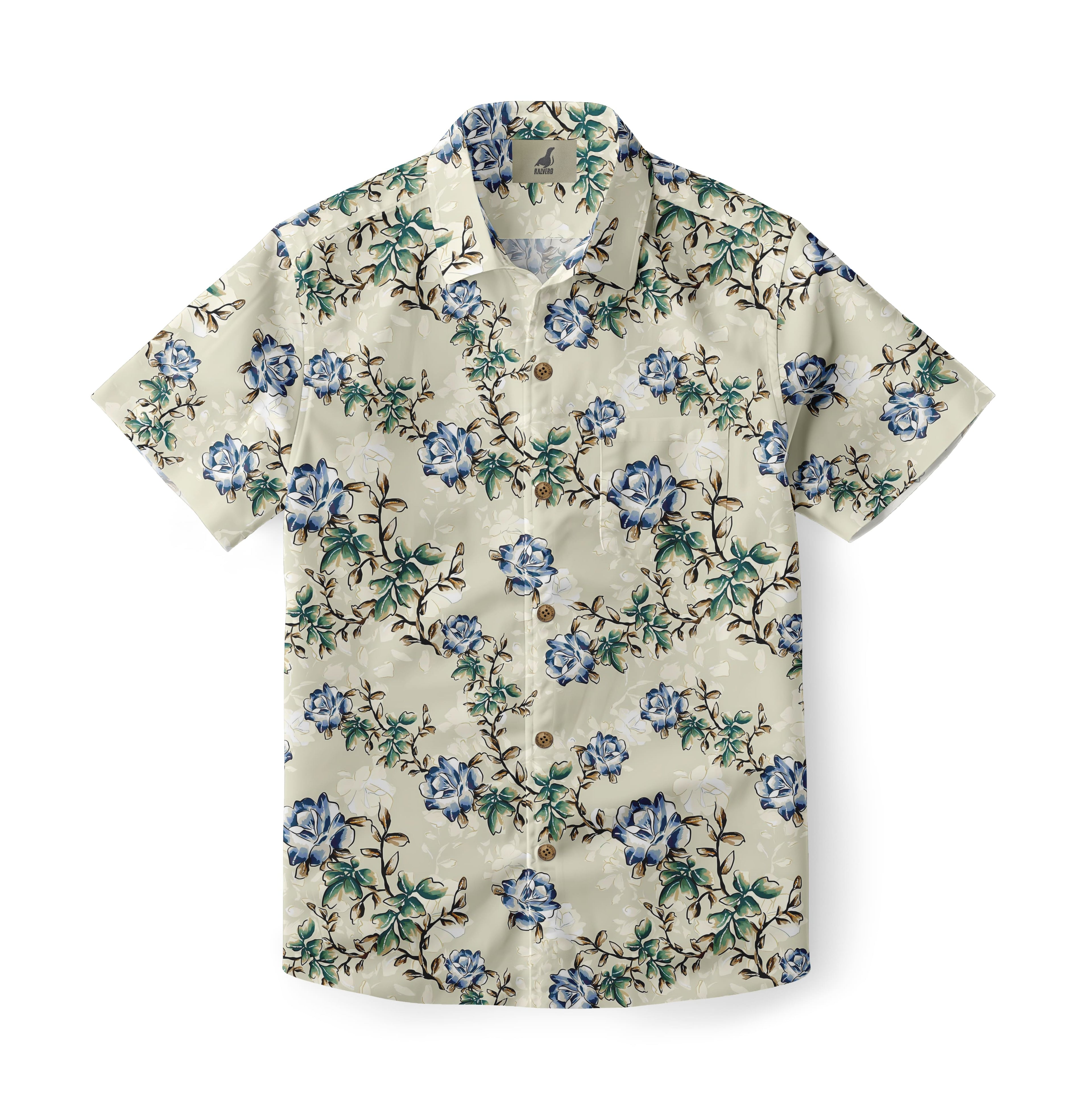 Cream Blue Floral Hawaiian Shirt