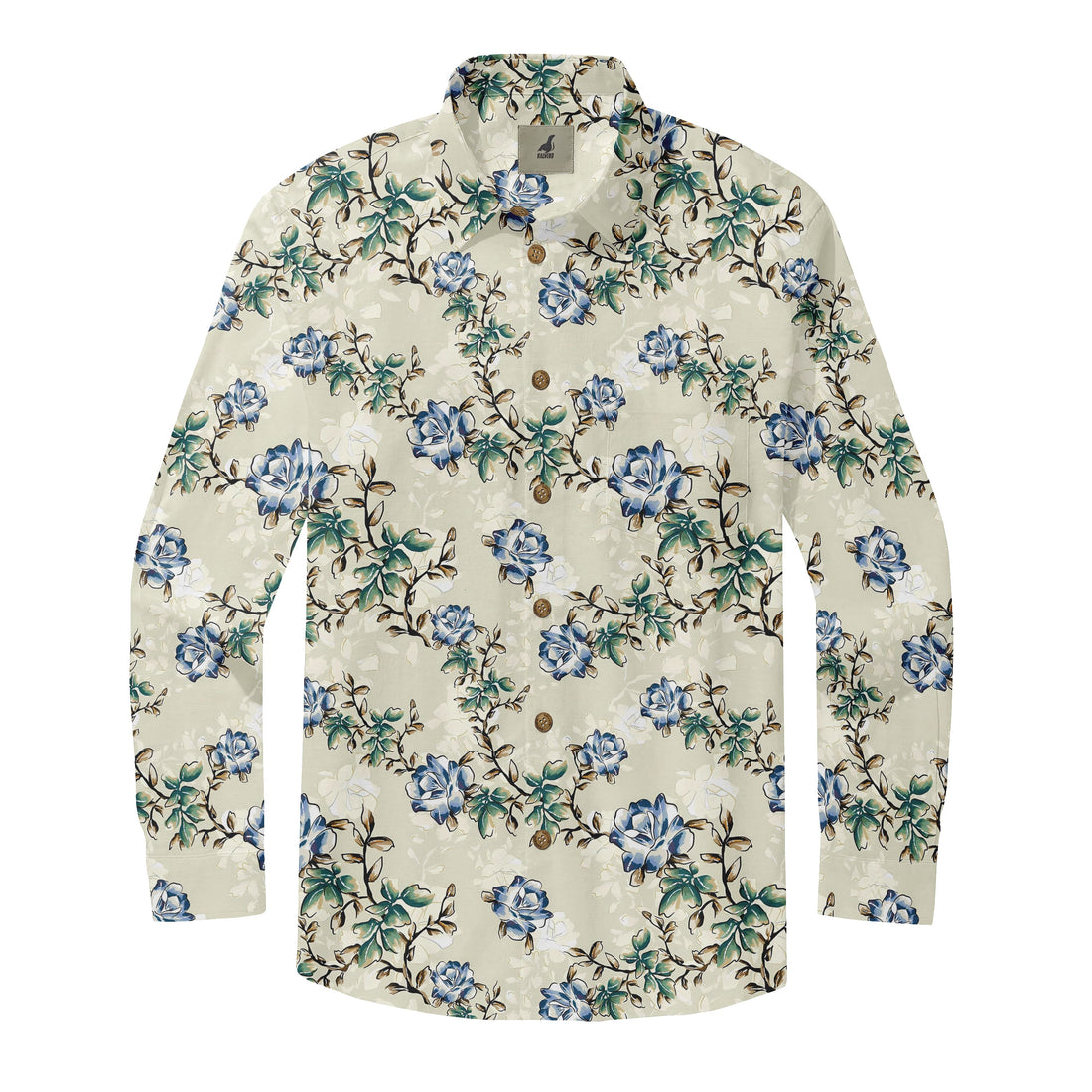 Cream Blue Floral Long Sleeve Hawaiian Shirt