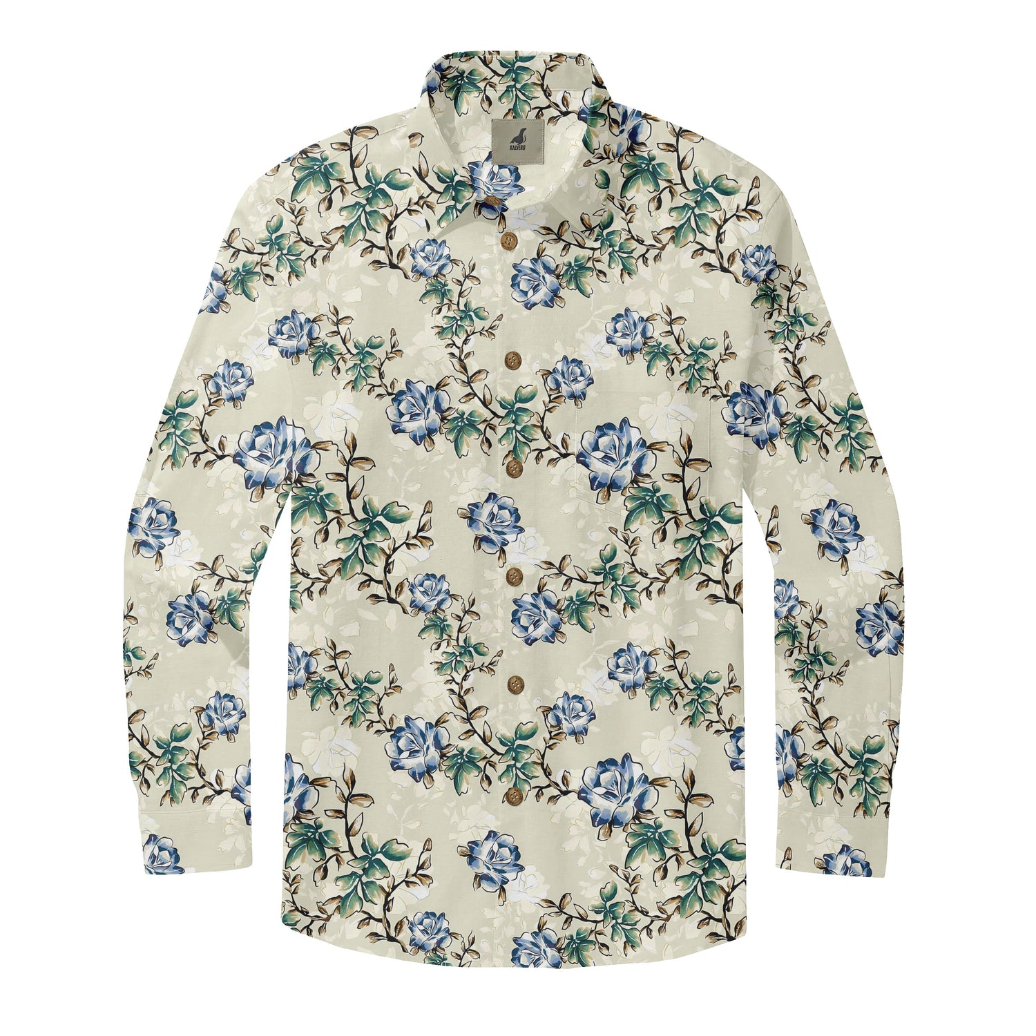 Cream Blue Floral Long Sleeve Hawaiian Shirt