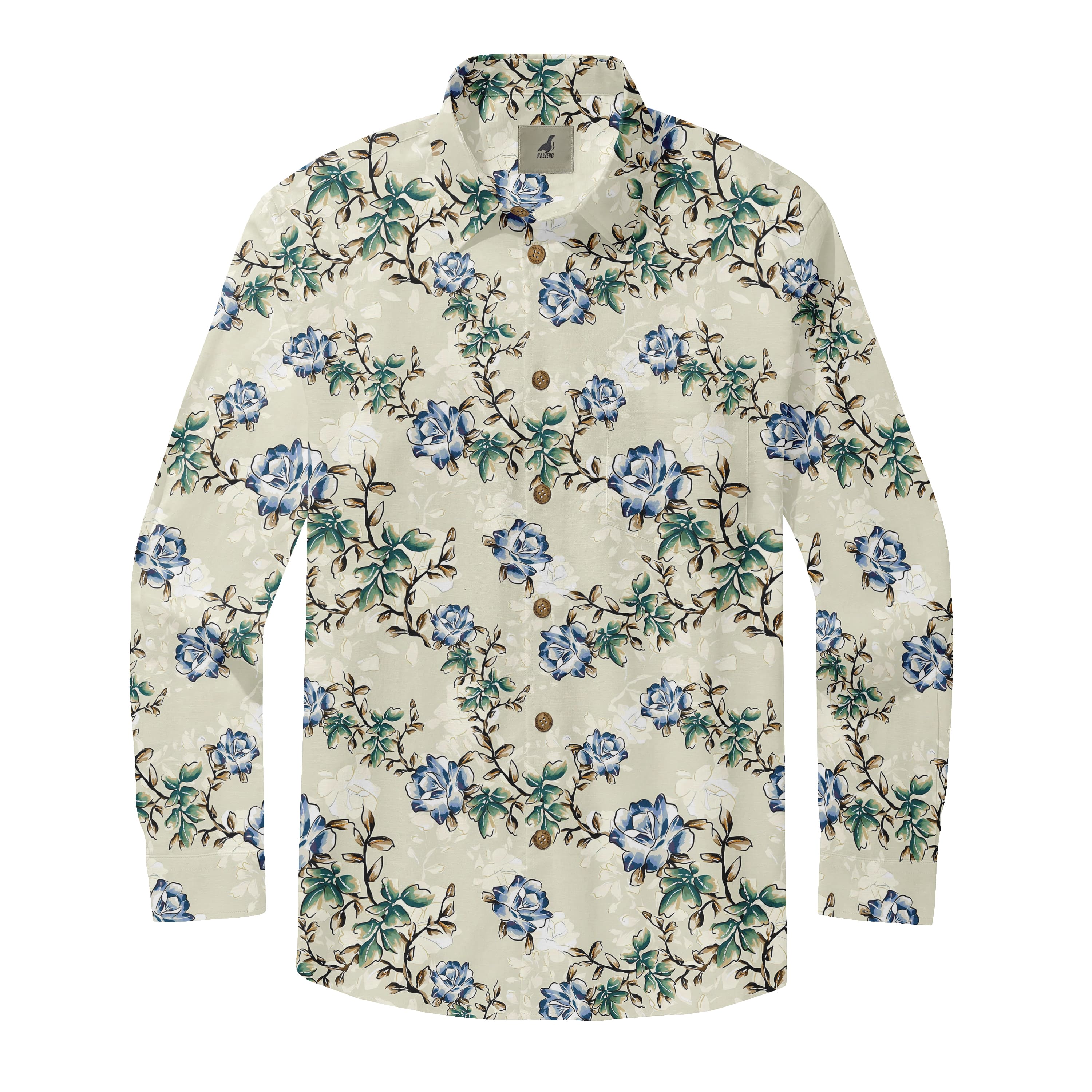 Cream Blue Floral Long Sleeve Hawaiian Shirt