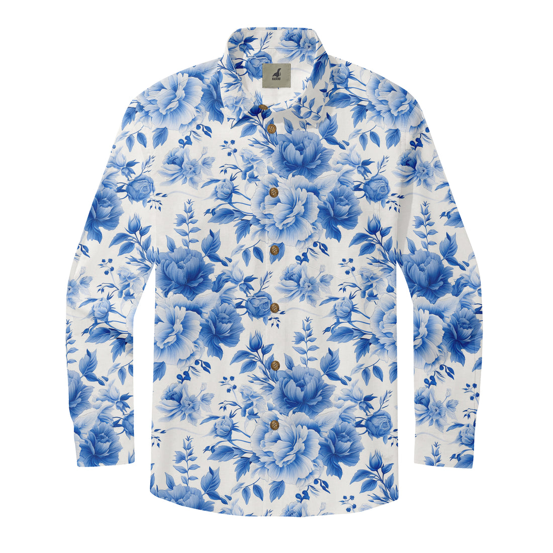 White Blue Vintage Floral Long Sleeve Hawaiian Shirt