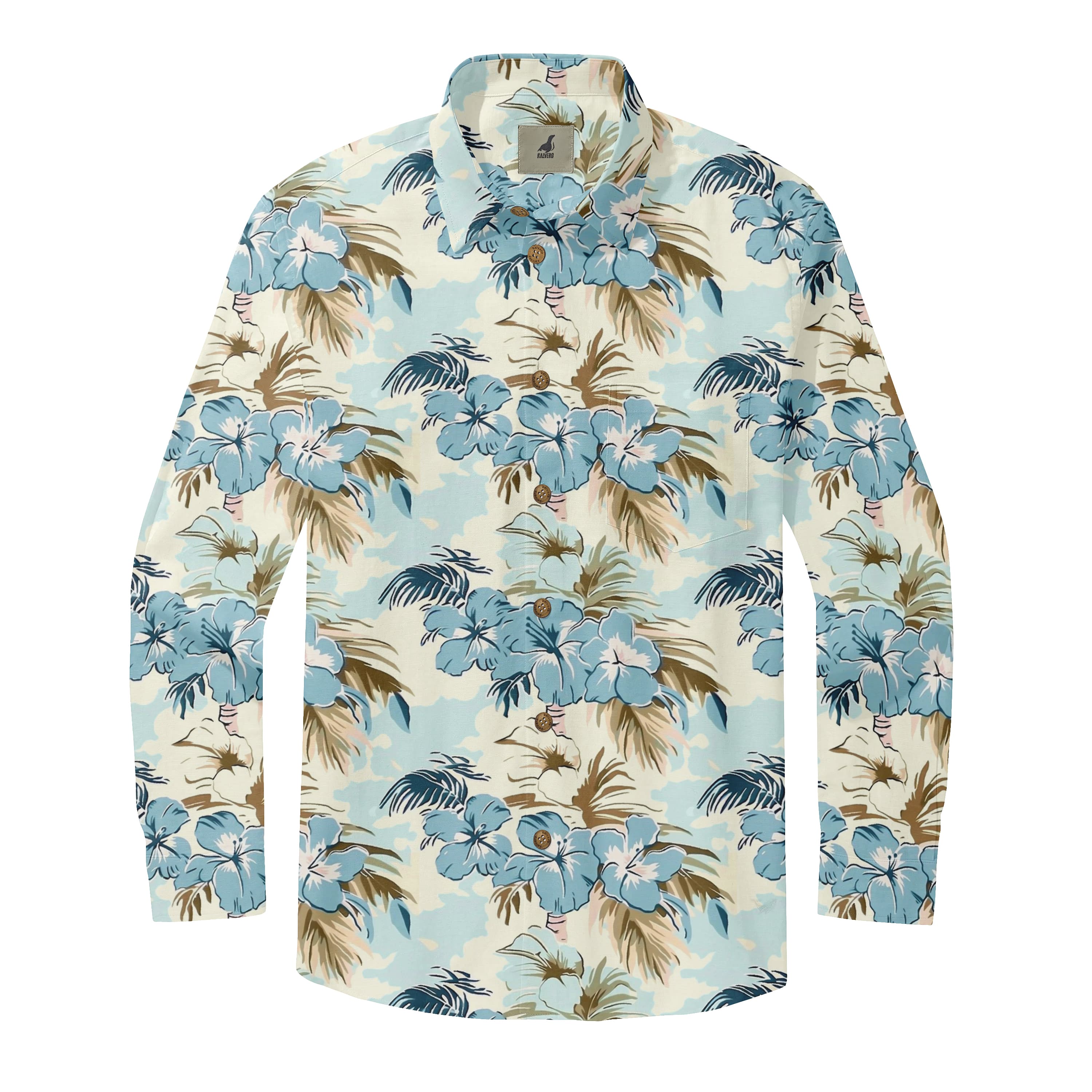 Light Blue Tropical Floral Long Sleeve Hawaiian Shirt