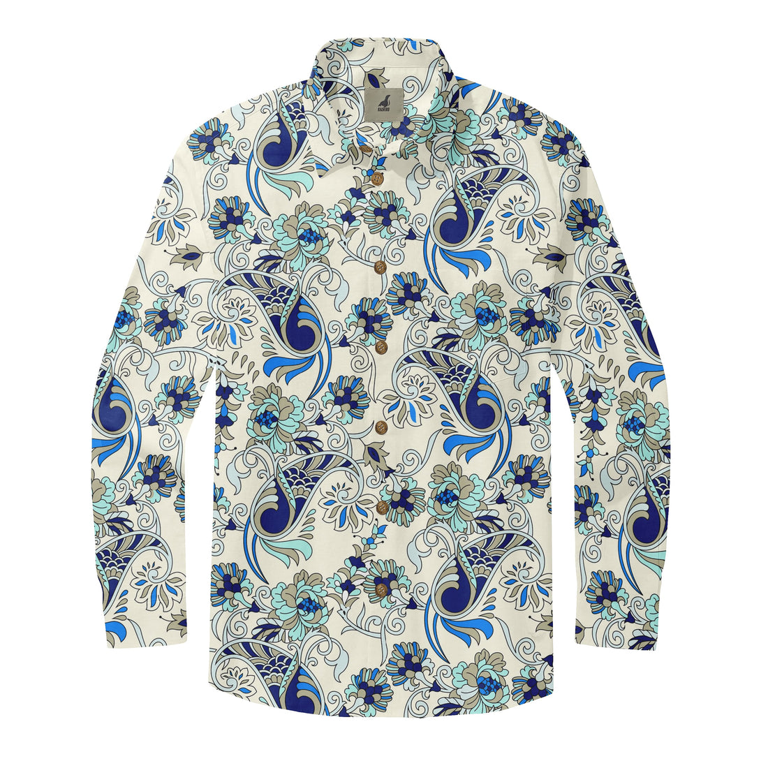 Cream Blue Floral Long Sleeve Hawaiian Shirt