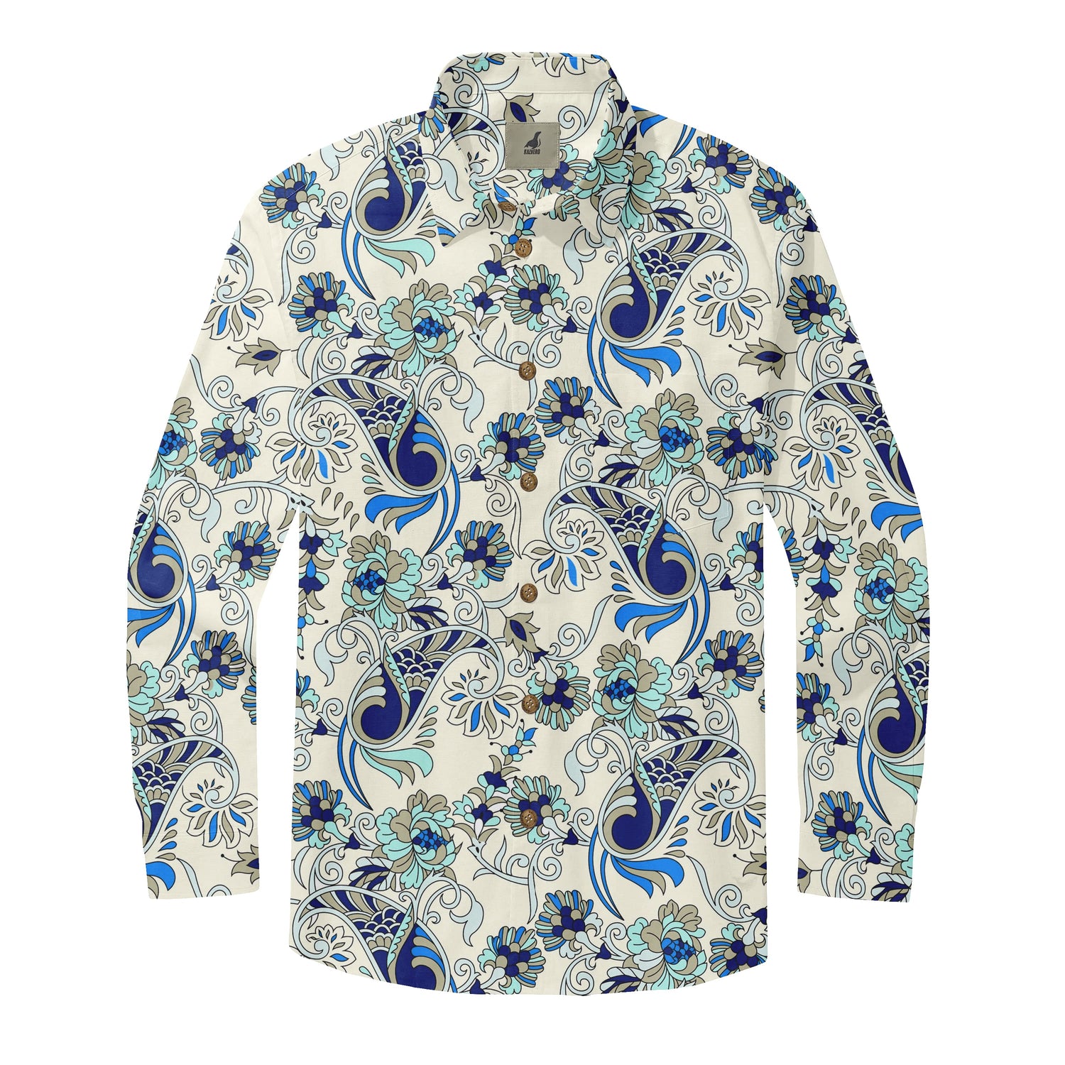 Cream Blue Floral Long Sleeve Hawaiian Shirt