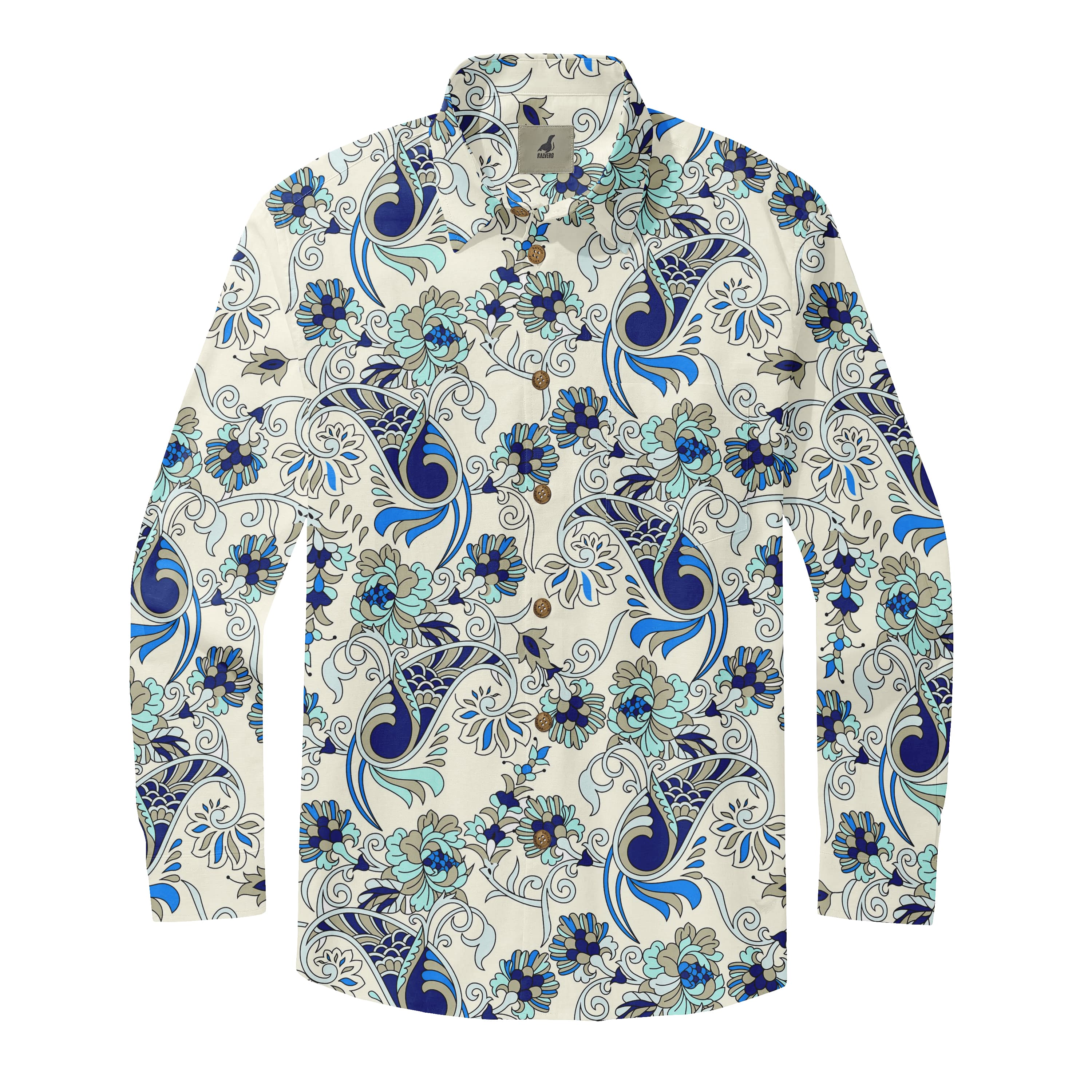 Cream Blue Floral Long Sleeve Hawaiian Shirt