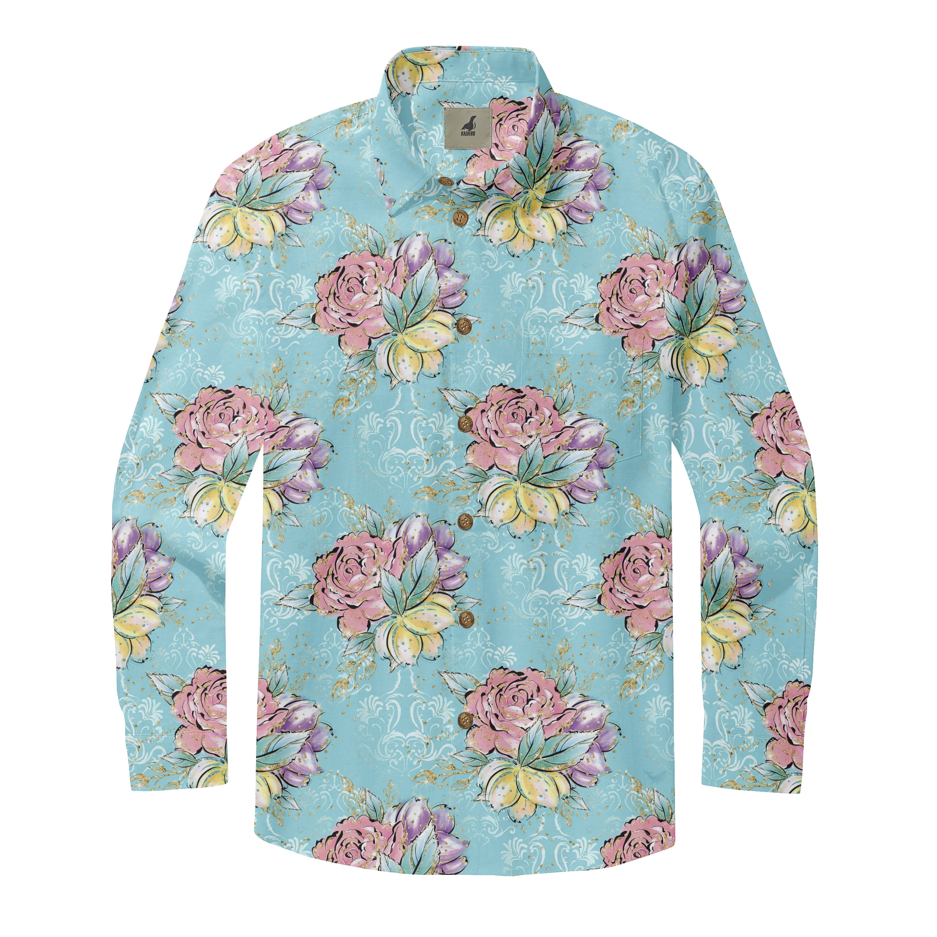Light Blue Tropical Floral Long Sleeve Hawaiian Shirt