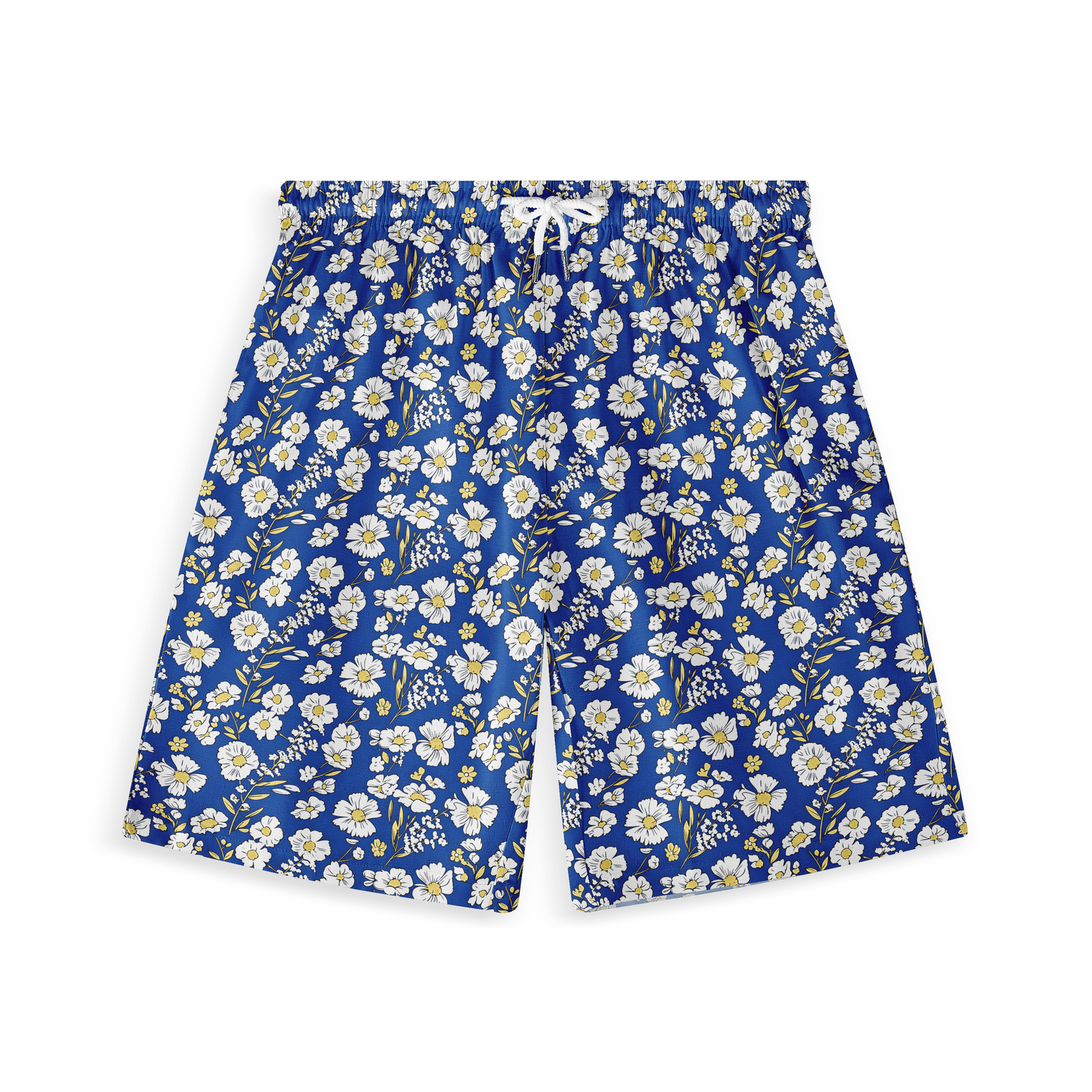 A pair of shorts featuring a design with white and yellow flowers on a vibrant blue background, creating a cheerful and lively look.