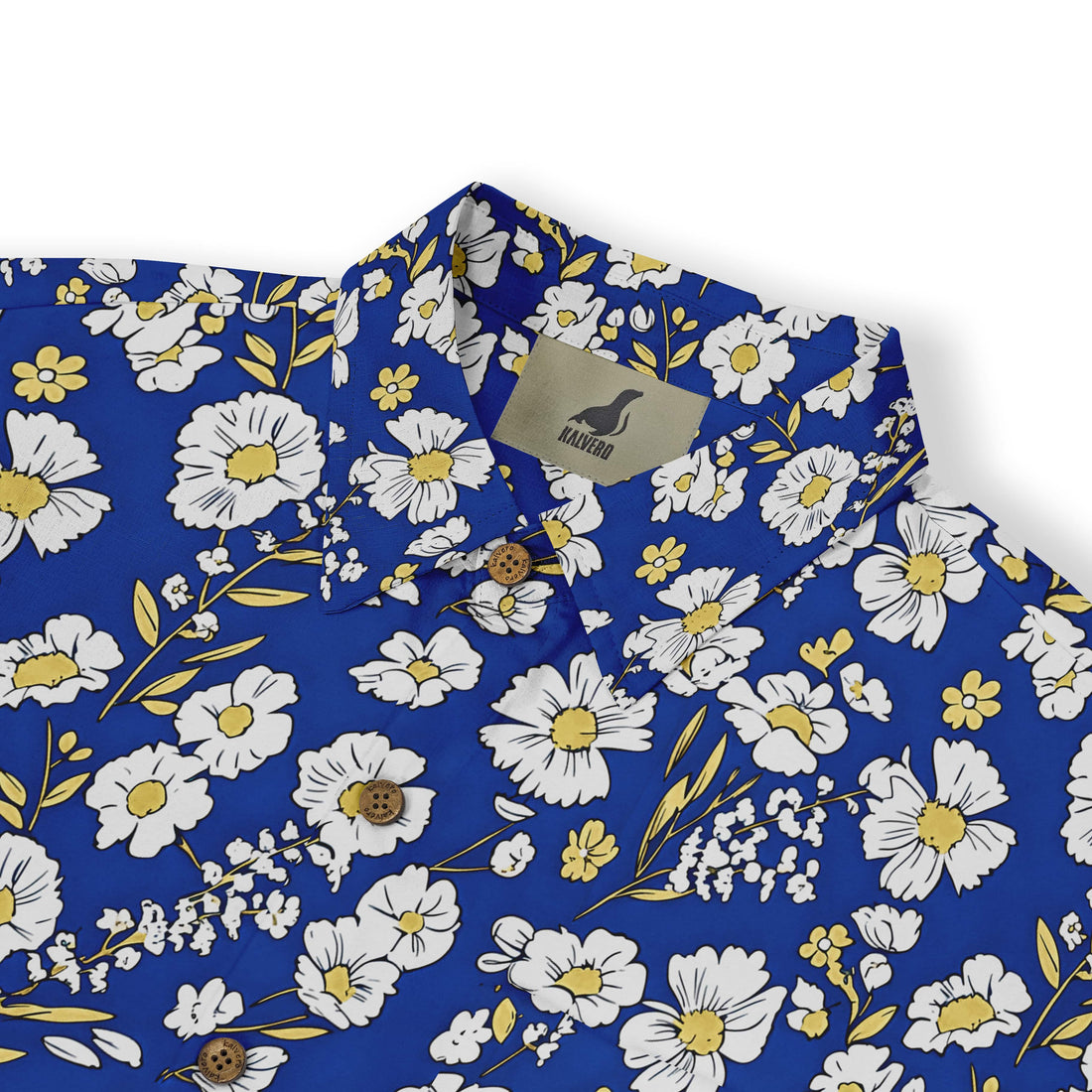 Blue floral-patterned shirt with white blossoms, symbolizing renewal.