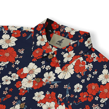 Elegant floral shirt in red and white hues on a navy background.