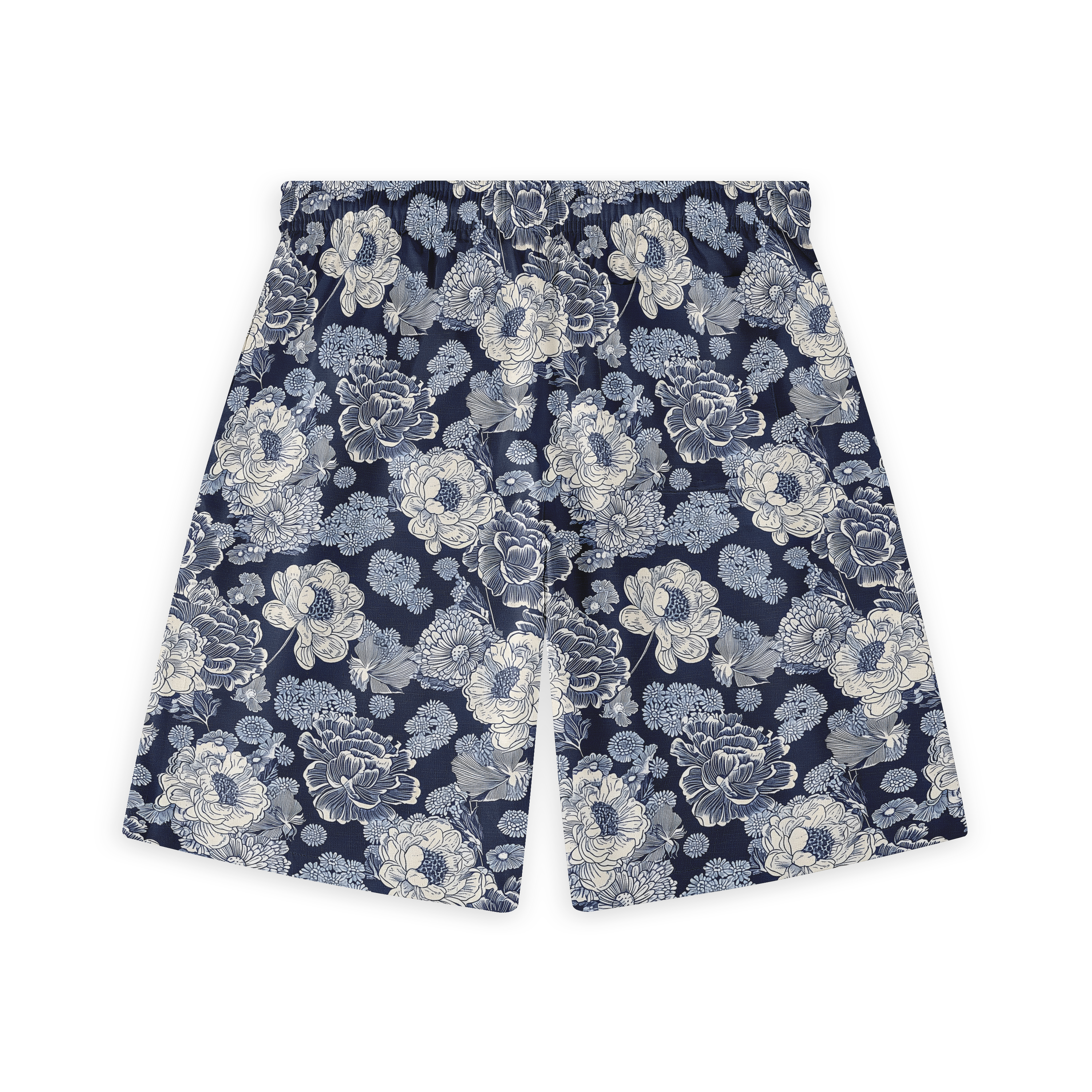 A pair of shorts featuring intricate blue and white floral patterns on a dark background, offering a classic and elegant look.