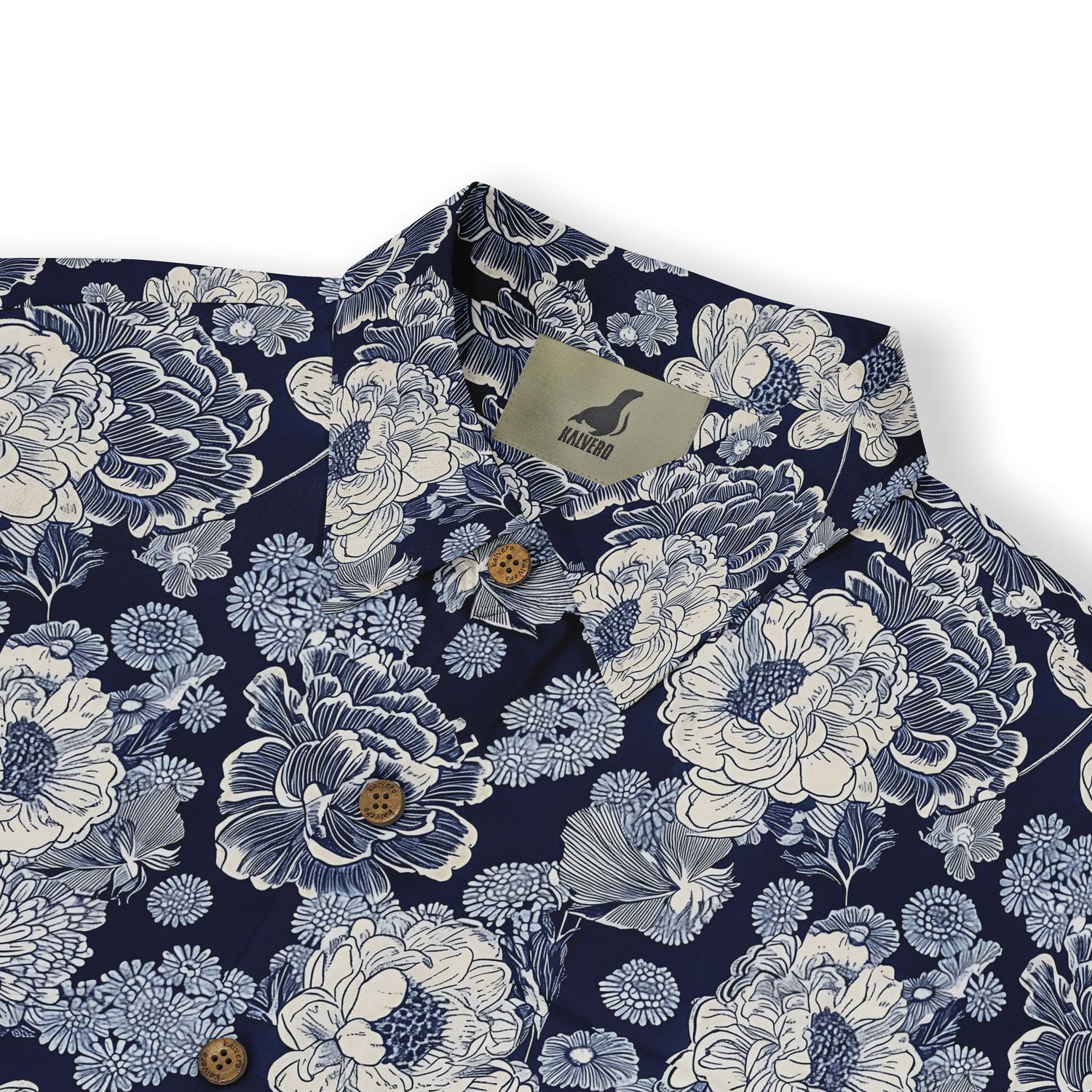 Floral pattern shirt with intricate white and blue flowers.