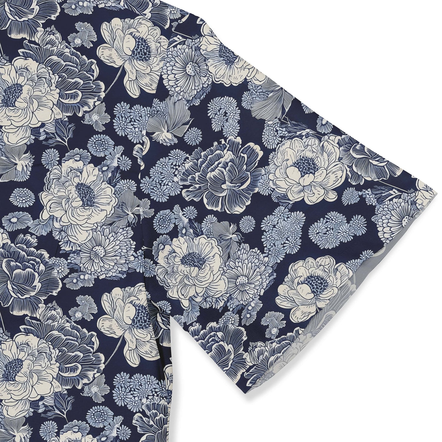 Elegant navy blue shirt featuring white floral designs.