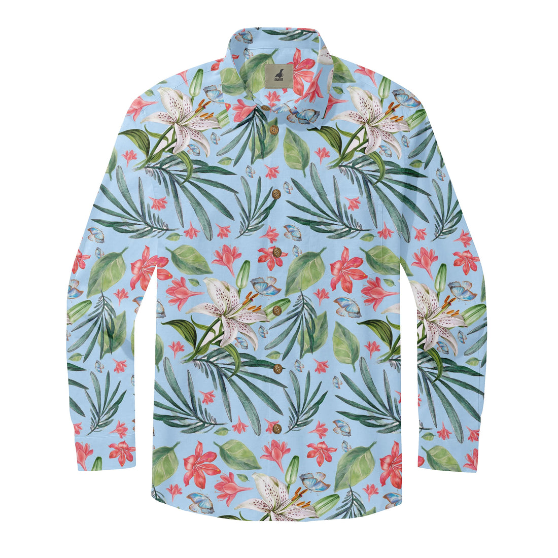 Light Blue Tropical Floral Long Sleeve Hawaiian Shirt