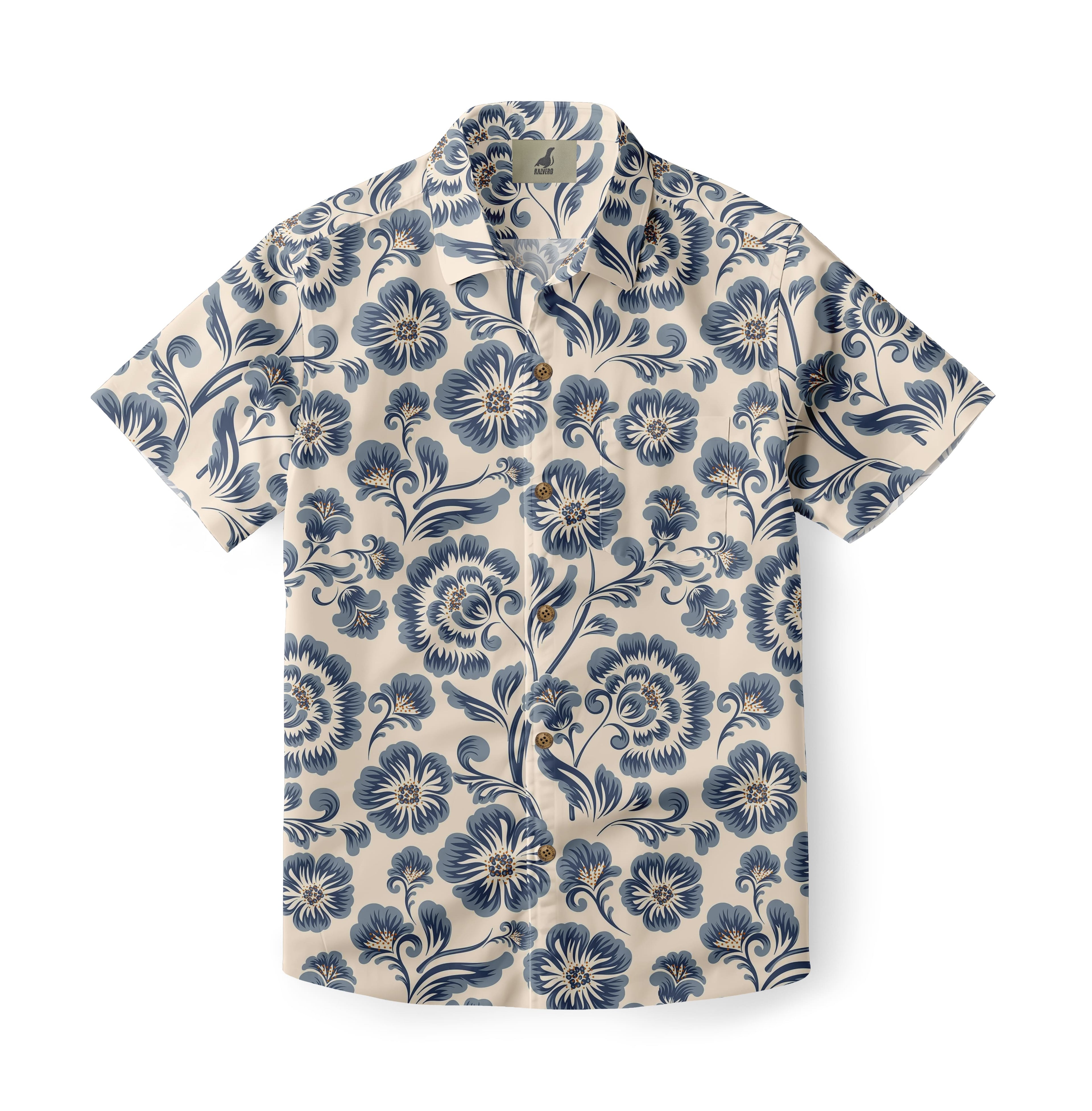 Beige Blue Floral Hawaiian Shirt