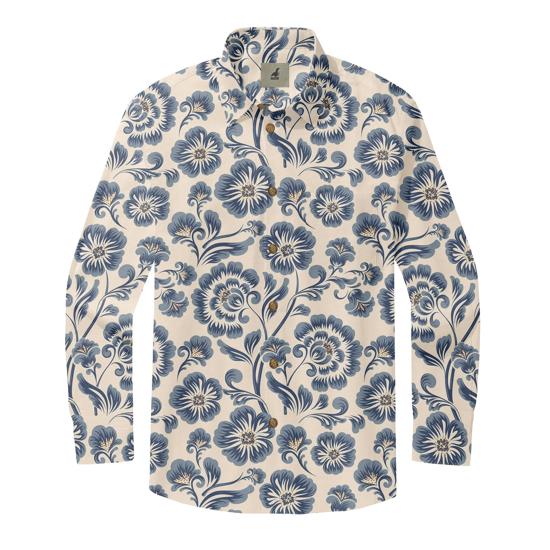 Beige Blue Floral Long Sleeve Hawaiian Shirt