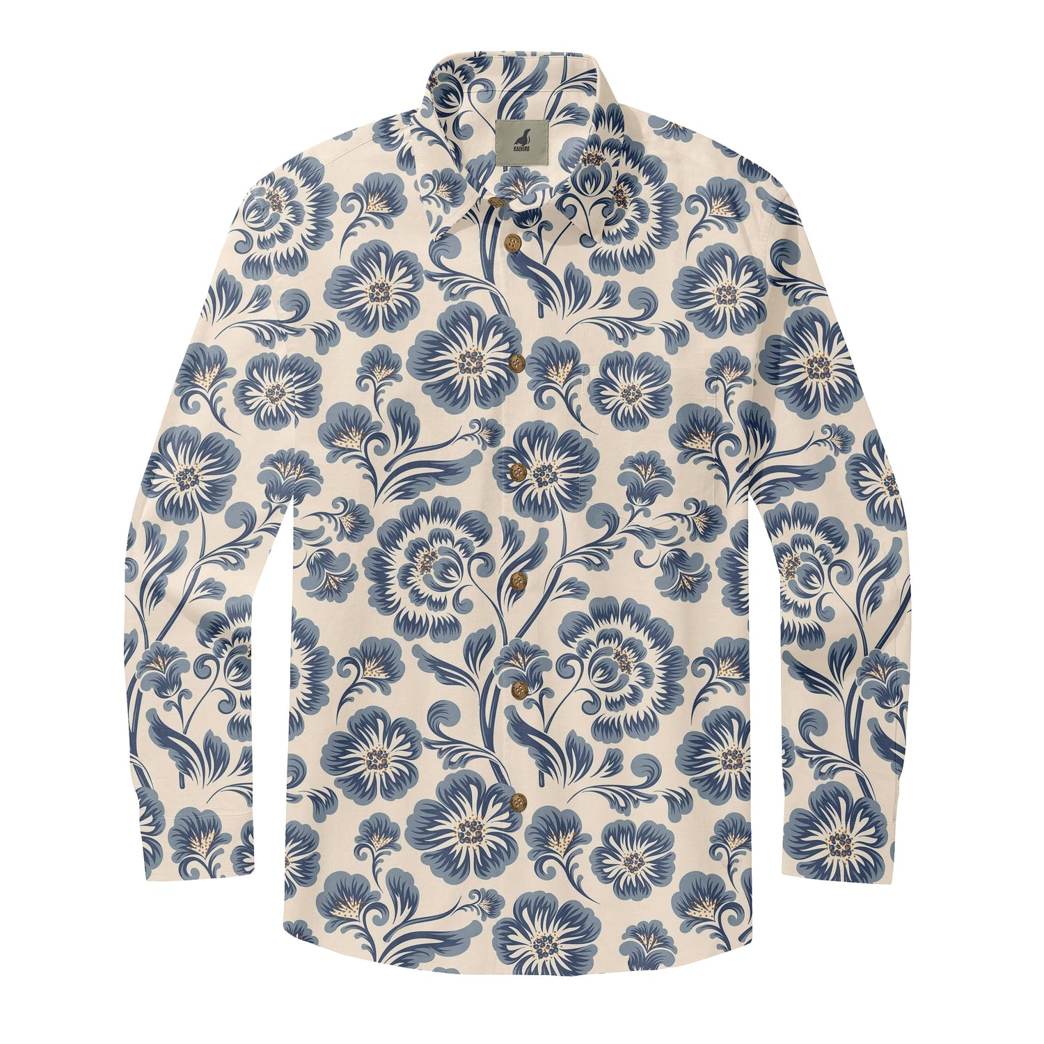 Beige Blue Floral Long Sleeve Hawaiian Shirt