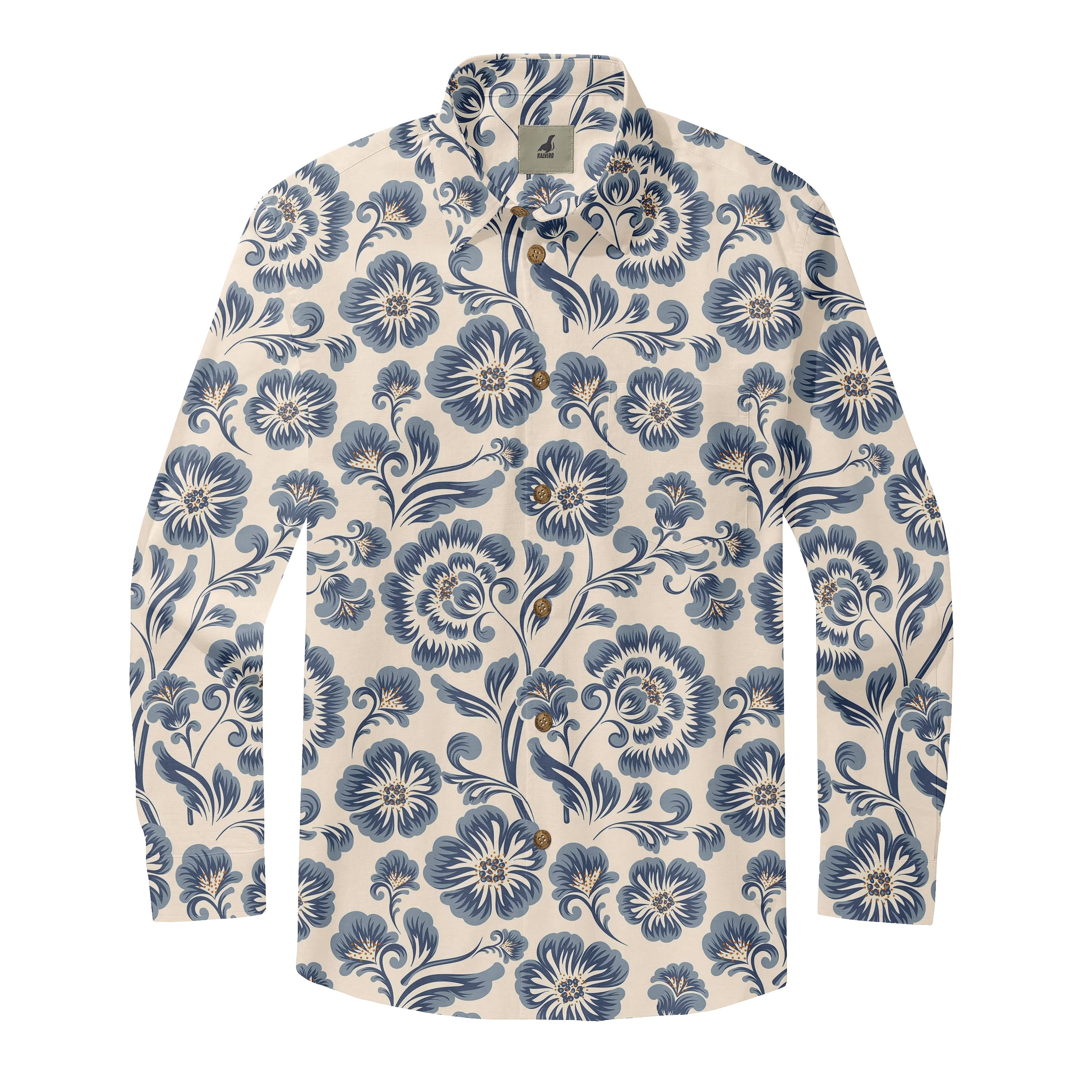 Beige Blue Floral Long Sleeve Hawaiian Shirt