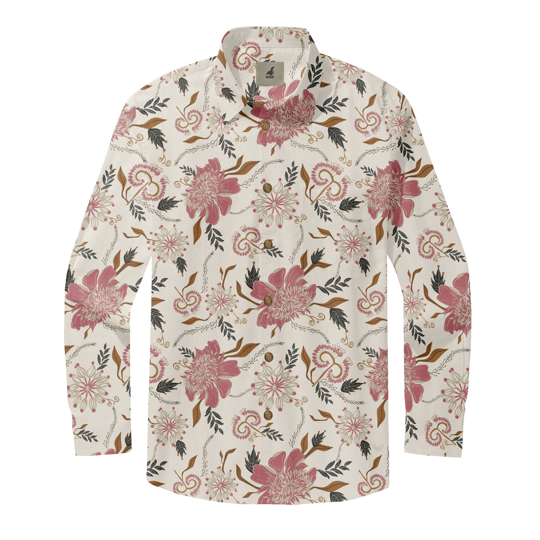 Cream Tropical Floral Long Sleeve Hawaiian Shirt