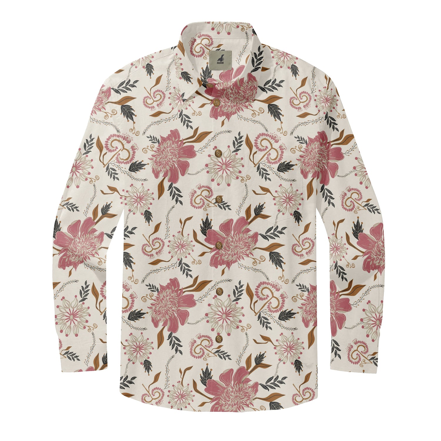 Cream Tropical Floral Long Sleeve Hawaiian Shirt