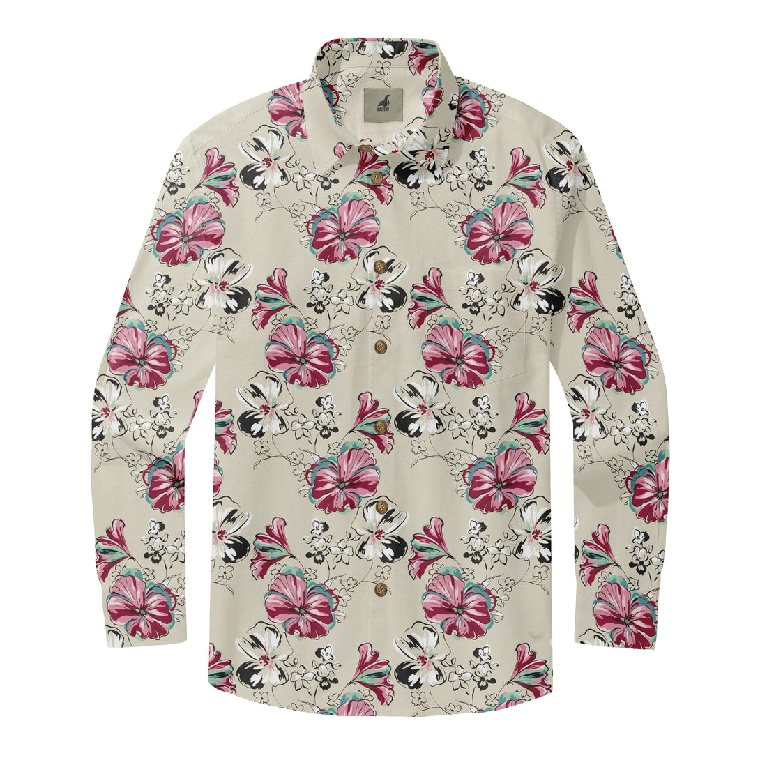 Beige Tropical Floral Long Sleeve Hawaiian Shirt