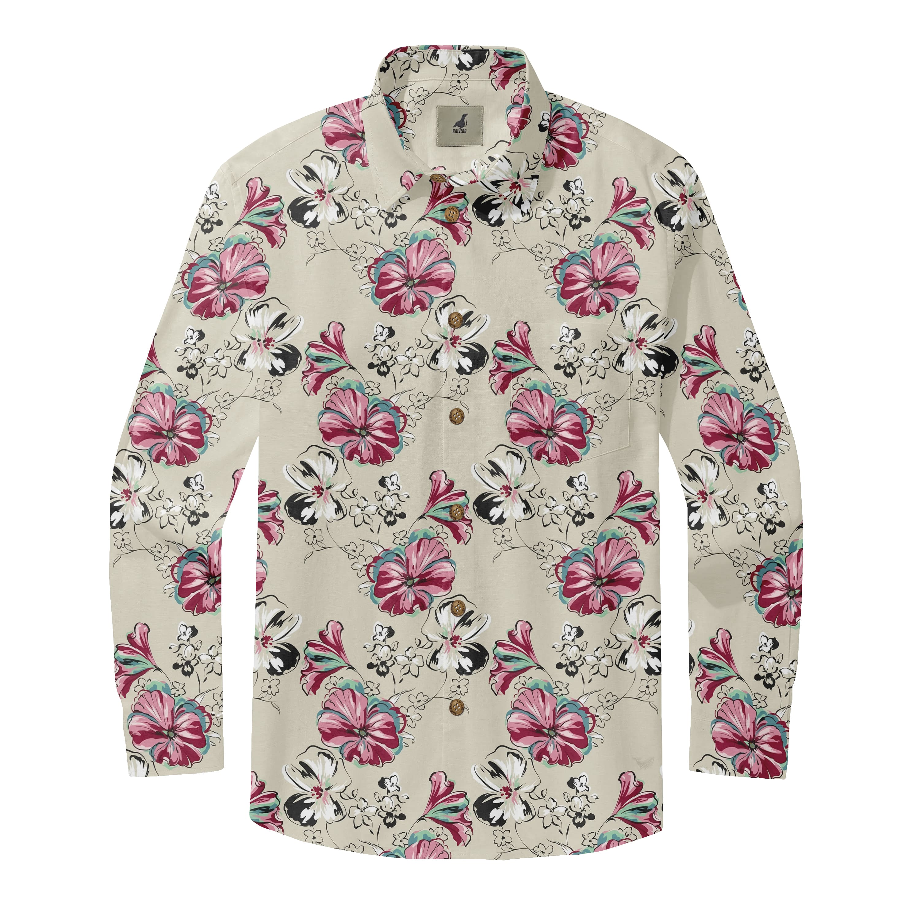 Beige Tropical Floral Long Sleeve Hawaiian Shirt