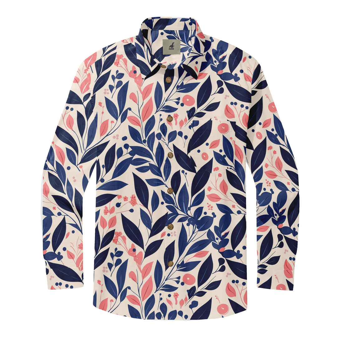 Floral-patterned long-sleeve shirt with navy blue and pink leaves.