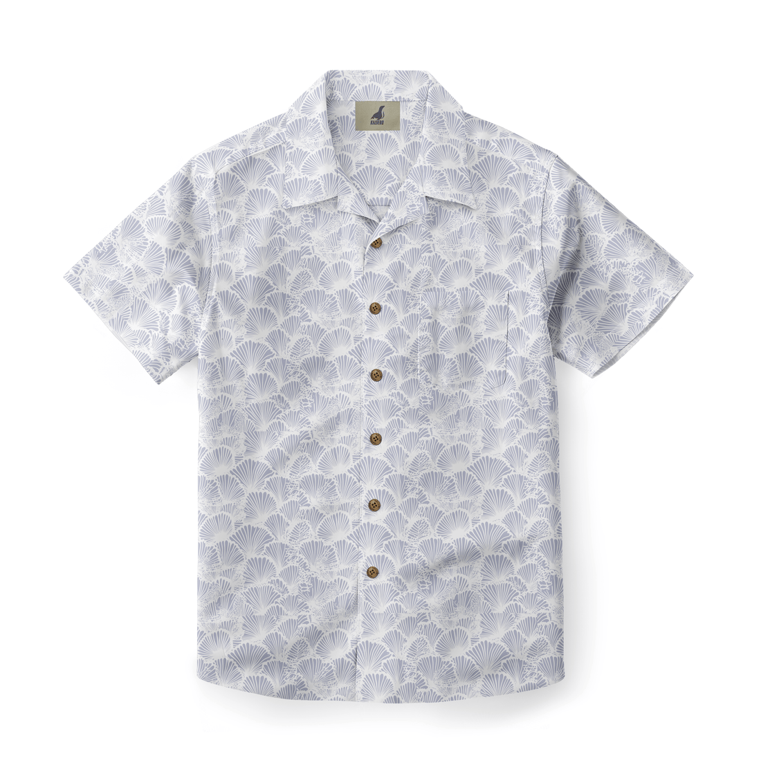 Light blue and white shell-patterned short-sleeve shirt with wooden.