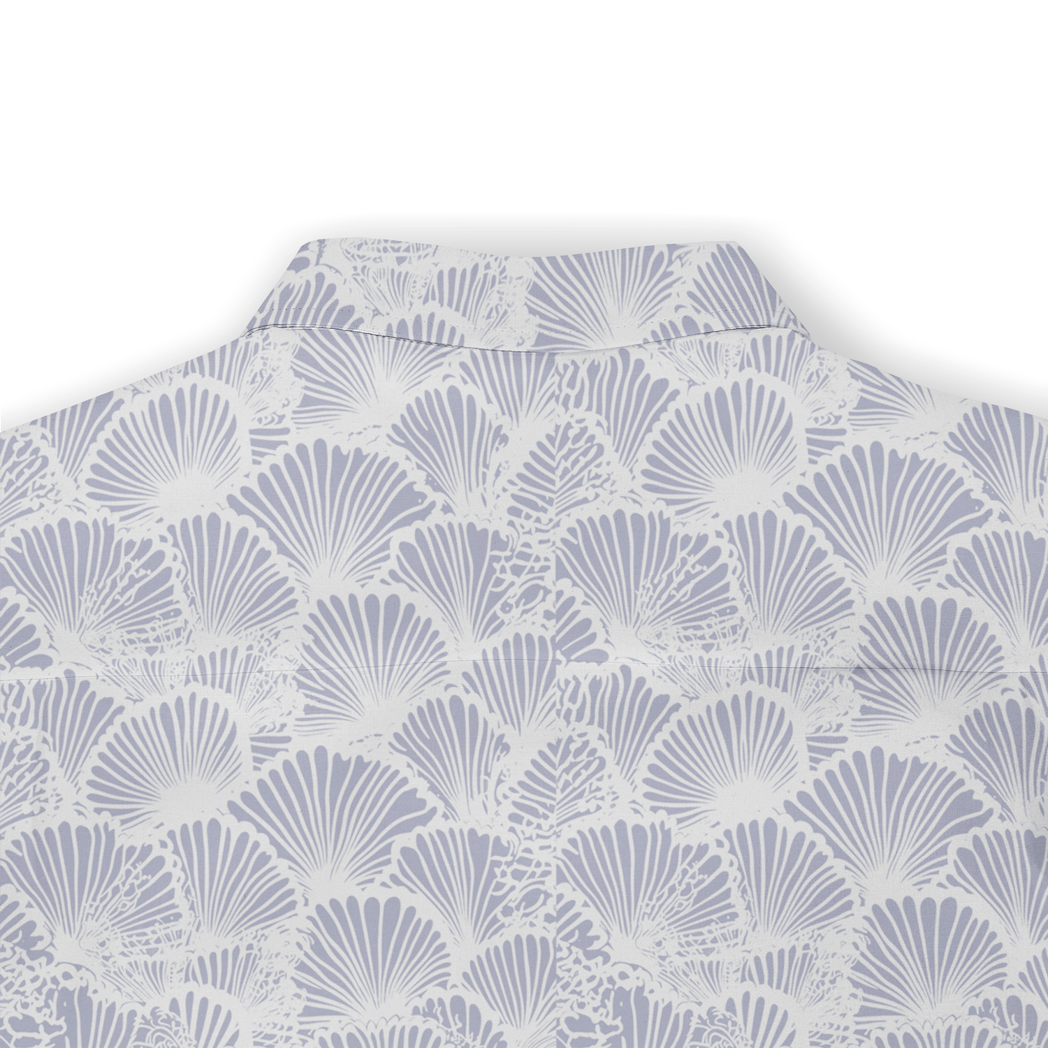 Light blue and white shell-patterned shirt with a high collar.